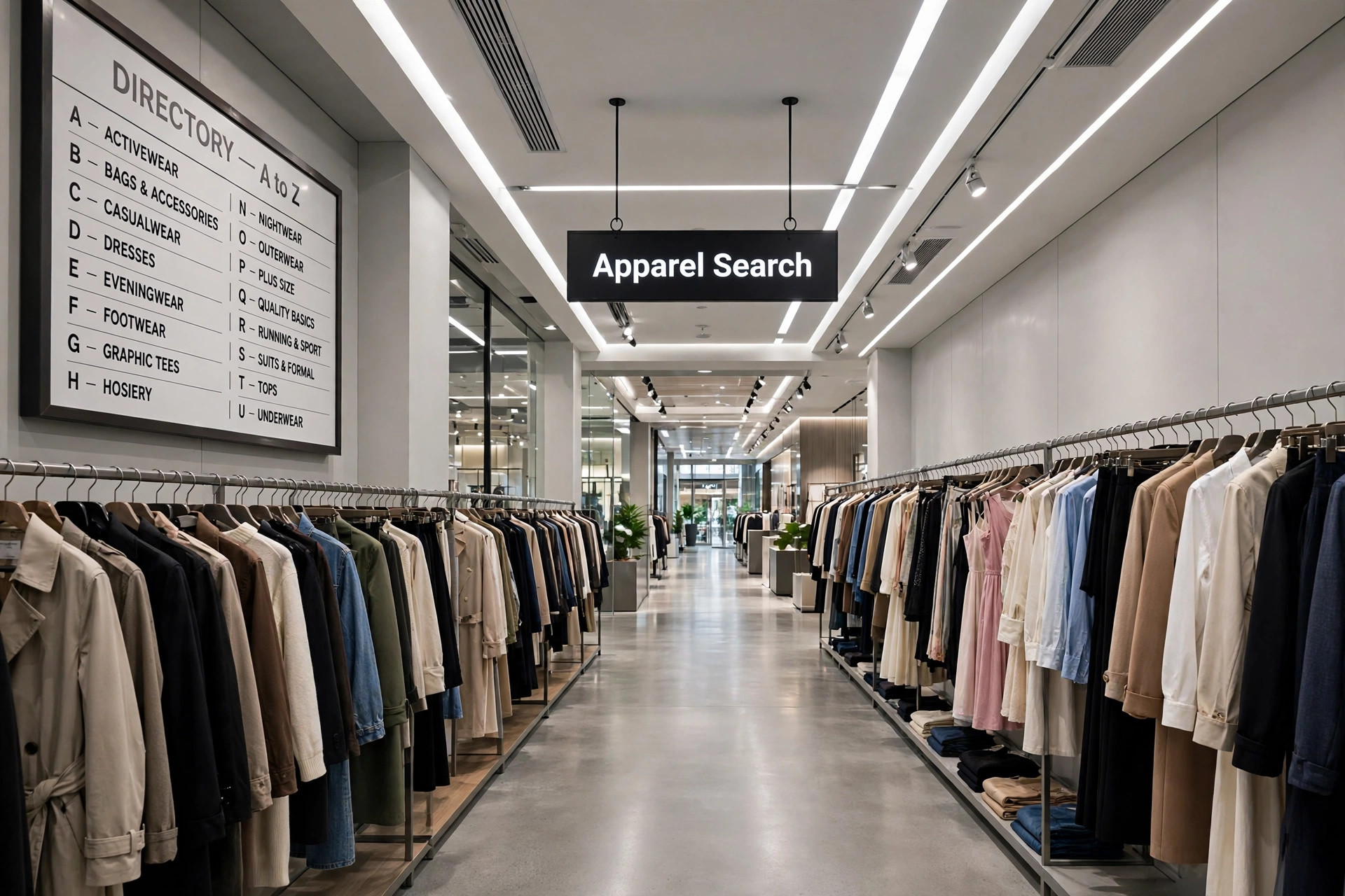 A long fashion showroom corridor with clothing rails on both sides and an alphabetical directory board