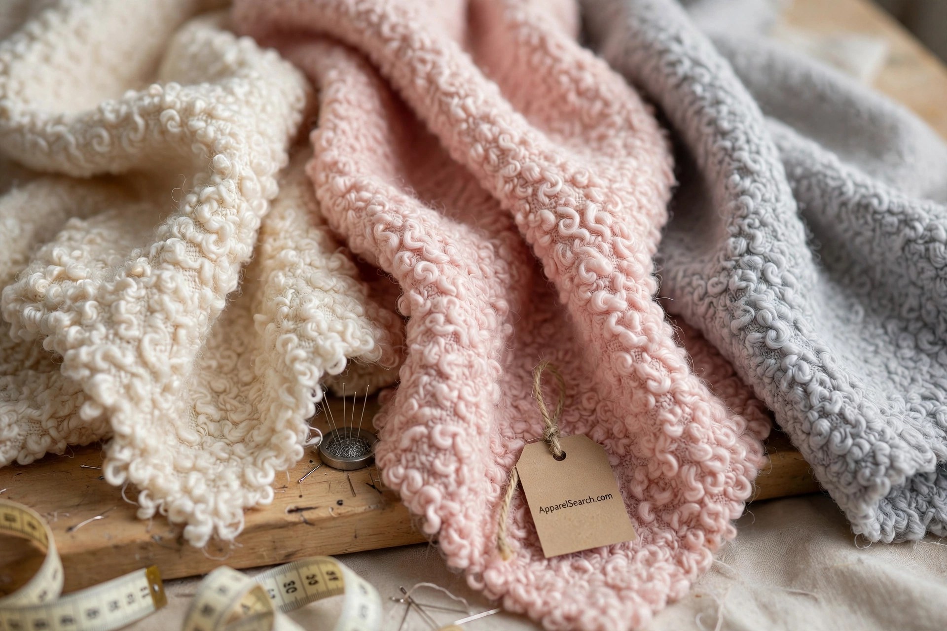 Close-up of boucle fabric swatches with curly looped yarn texture in cream, blush pink and soft grey