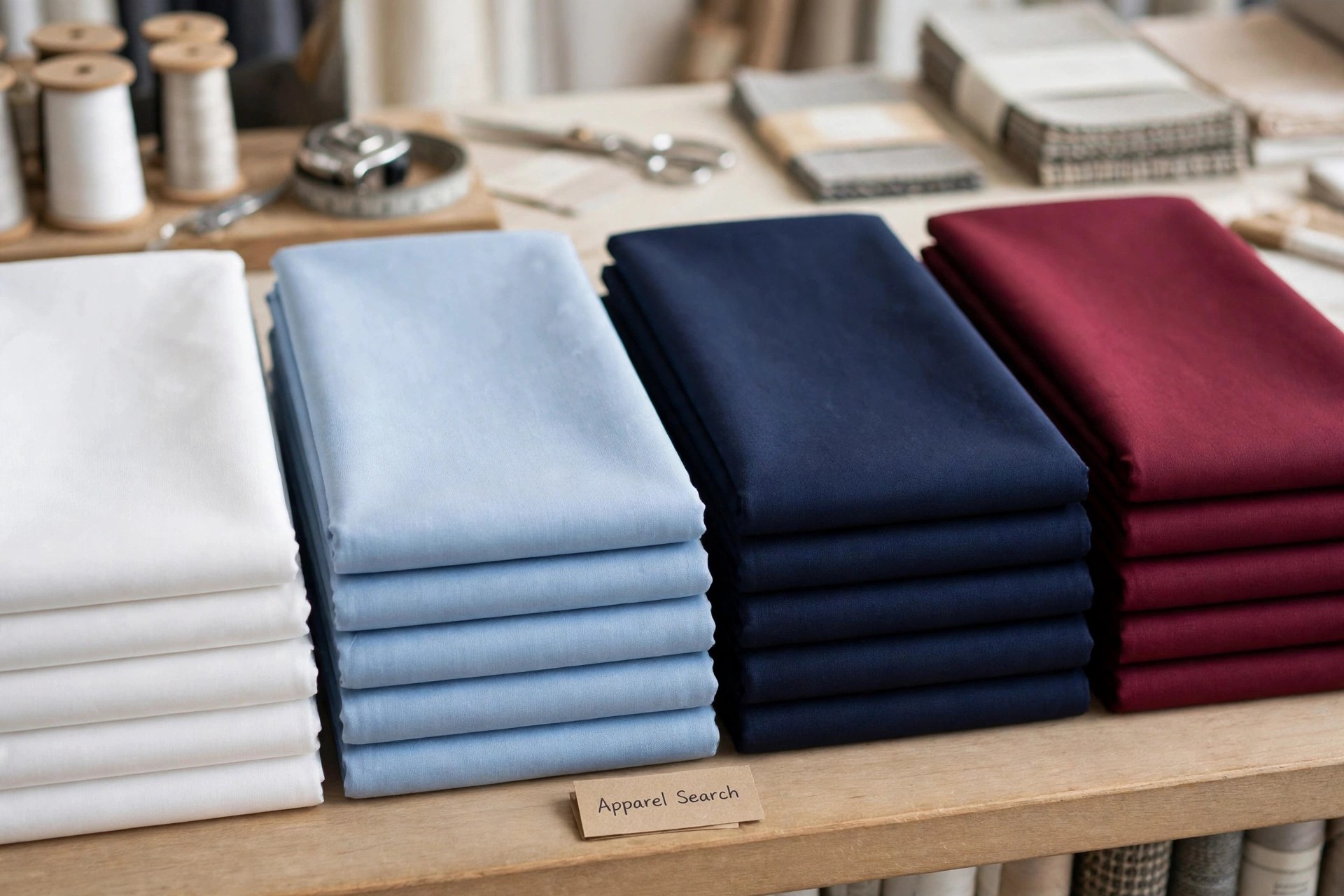 Folded stacks of smooth plain-weave broadcloth fabric in white, sky blue, navy and burgundy