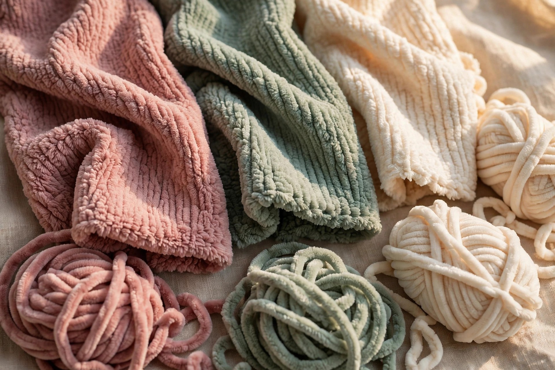 Plush chenille fabric swatches in dusty rose, sage and cream showing the fuzzy caterpillar pile texture