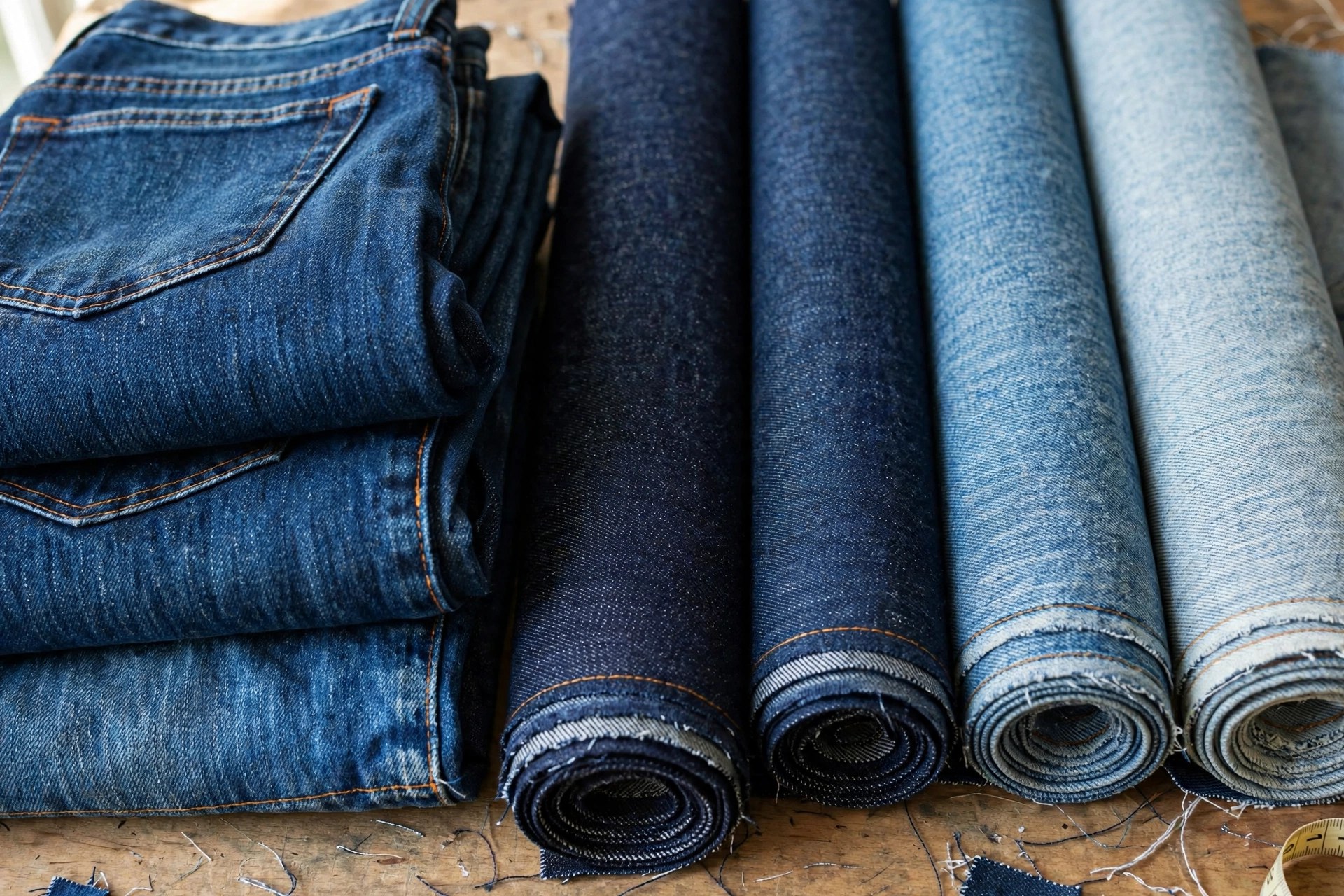 Folded indigo denim jeans and rolls of raw denim fabric in several washes showing the diagonal twill weave