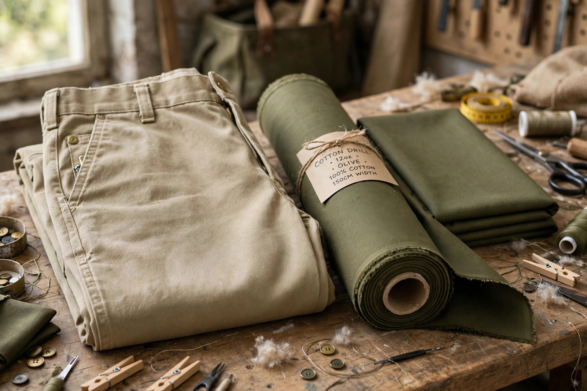 Khaki and olive cotton drill fabric with a fine diagonal twill line shown as work trousers and a fabric bolt