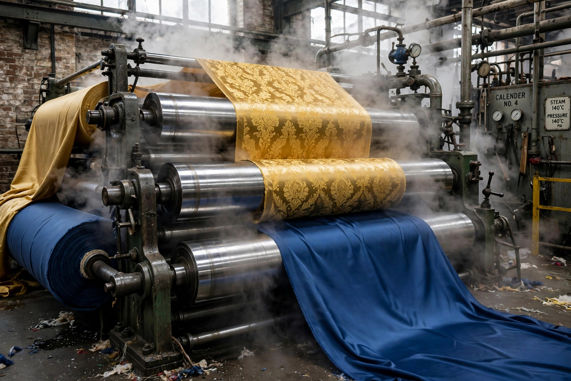 Wide fabric passing through polished calender rollers in a textile finishing mill