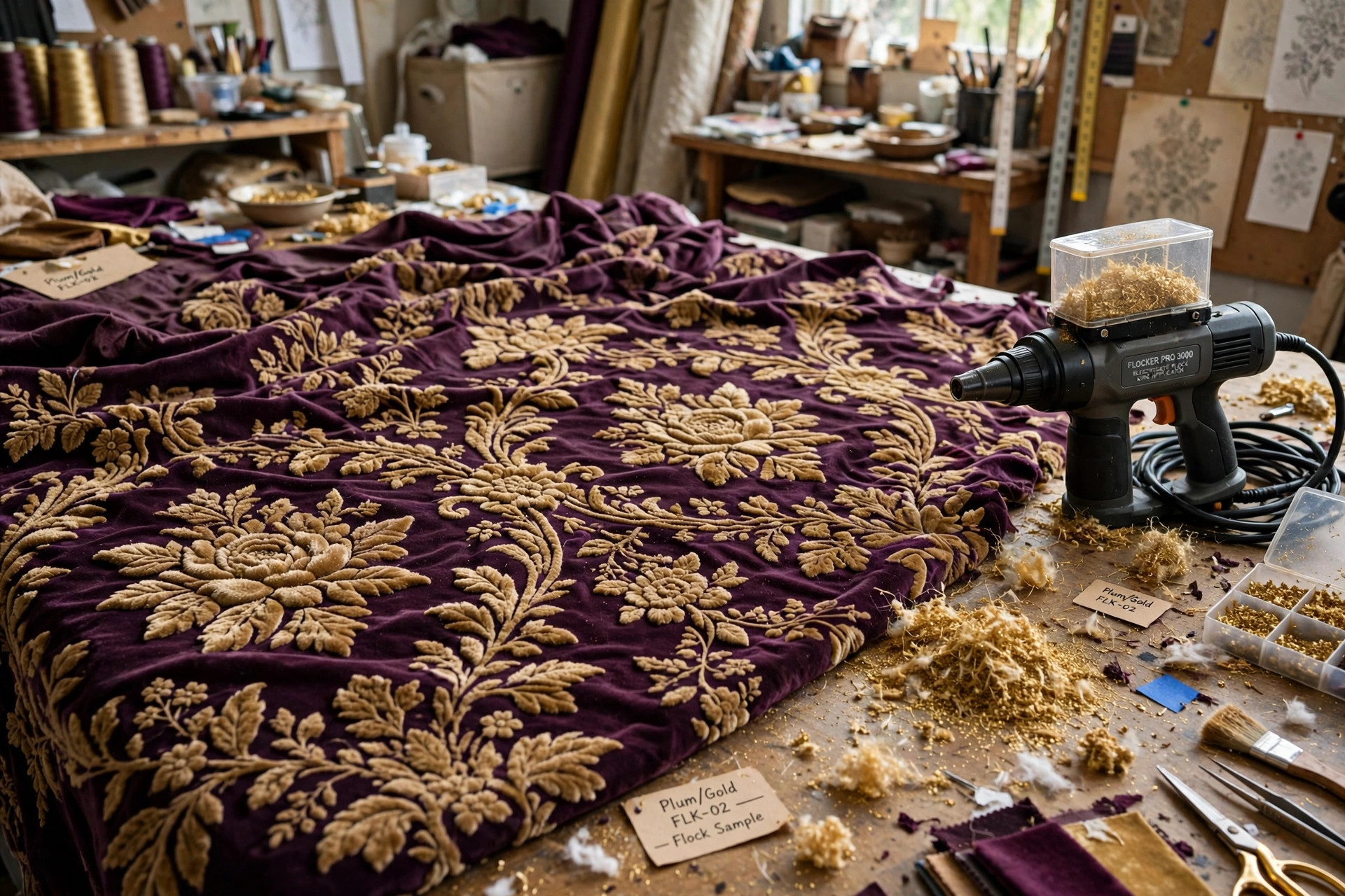 Flocked fabric with a velvety raised floral pattern in deep plum and gold