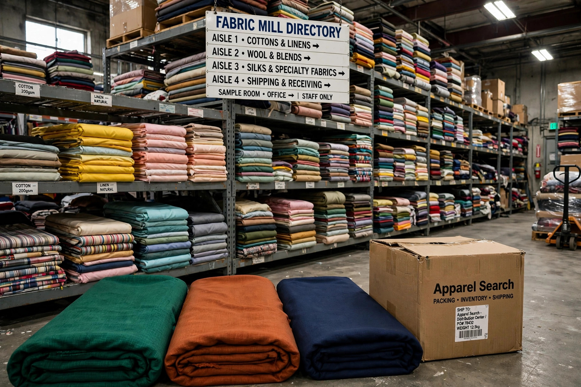 Shelves of colorful folded fabric bolts in a textile warehouse