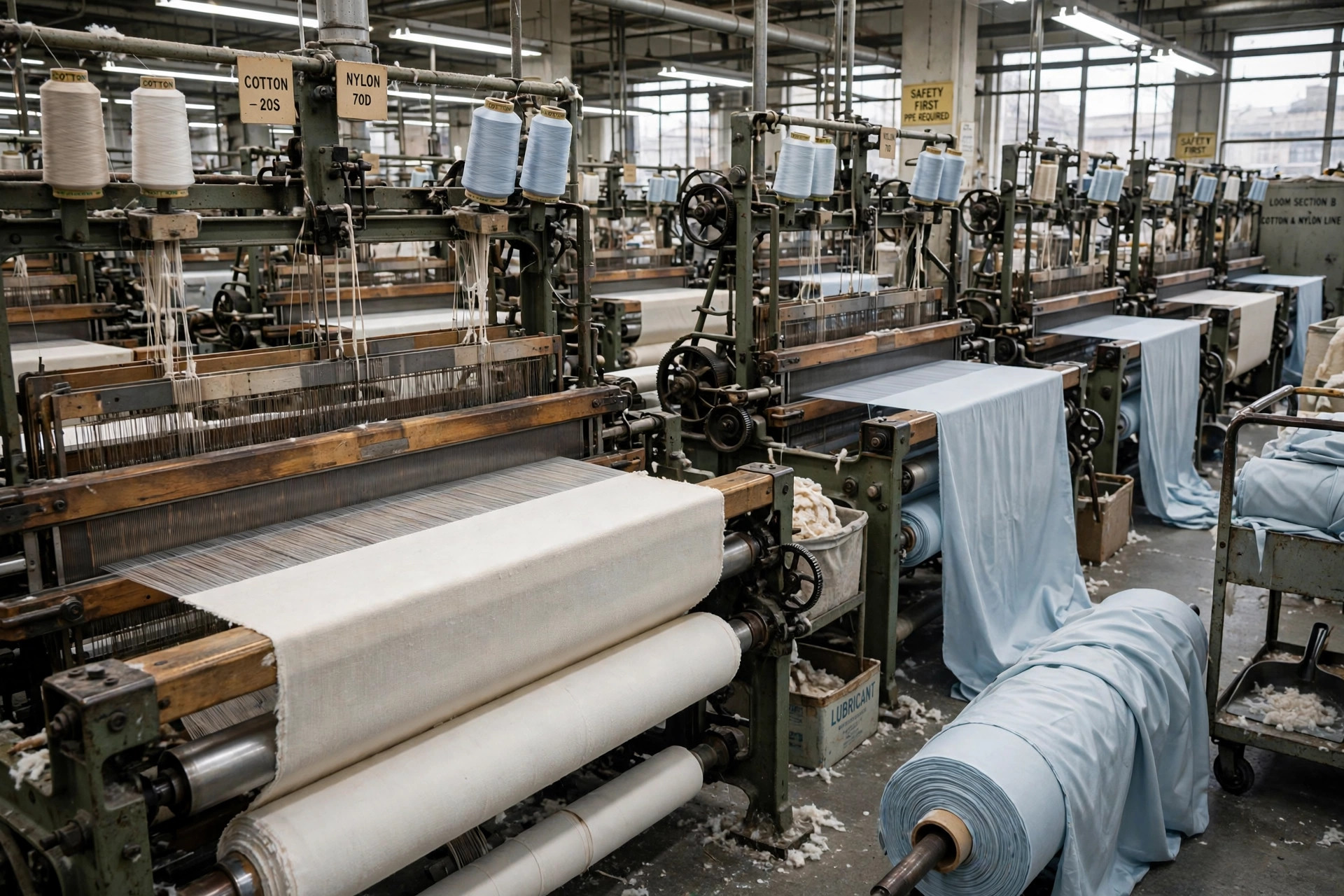 Industrial looms weaving light cotton and nylon fabrics in a textile mill
