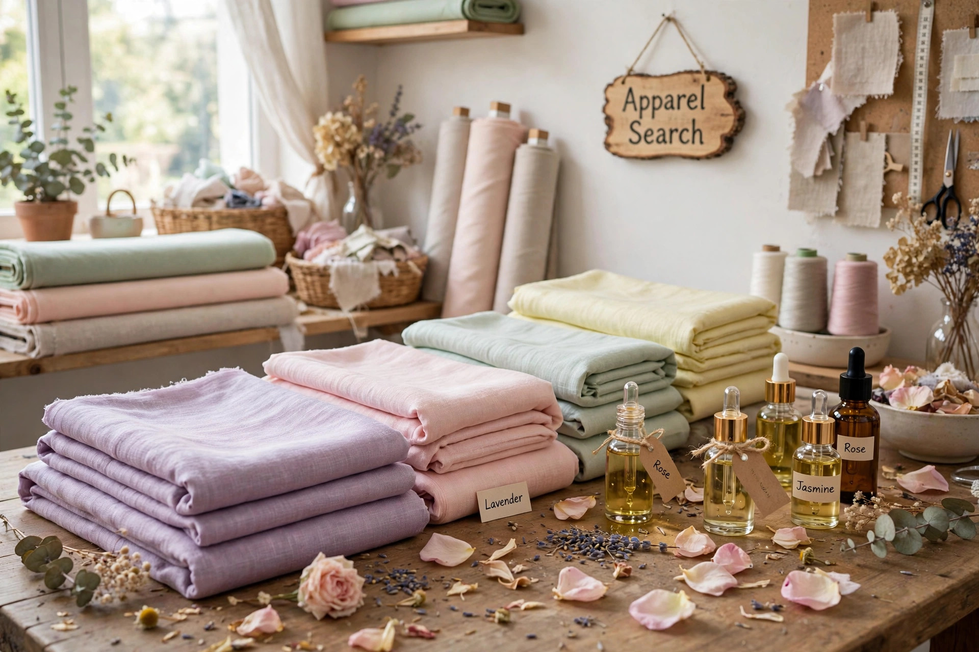 Folded pastel scented fabrics with small fragrance oil bottles and flower petals in a bright textile studio