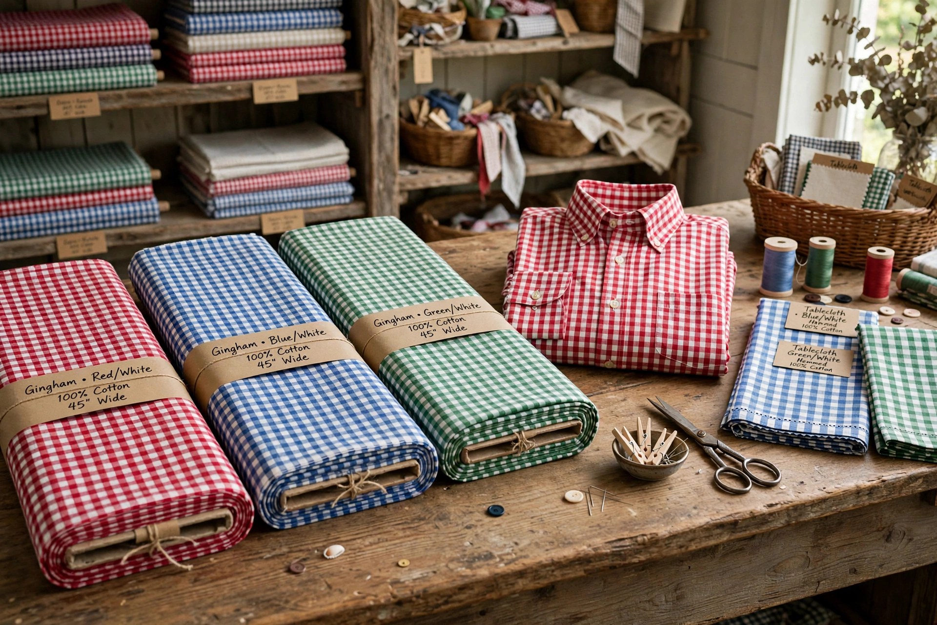 Red, blue and green gingham check fabrics folded in bolts beside a finished checked shirt on a wooden counter