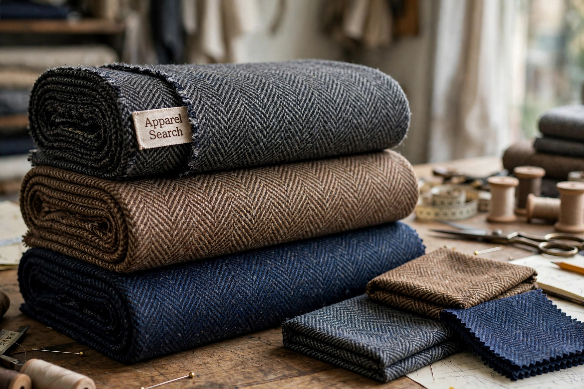 Bolts of herringbone tweed fabric in charcoal, brown and navy, the broken zigzag twill pattern clearly visible