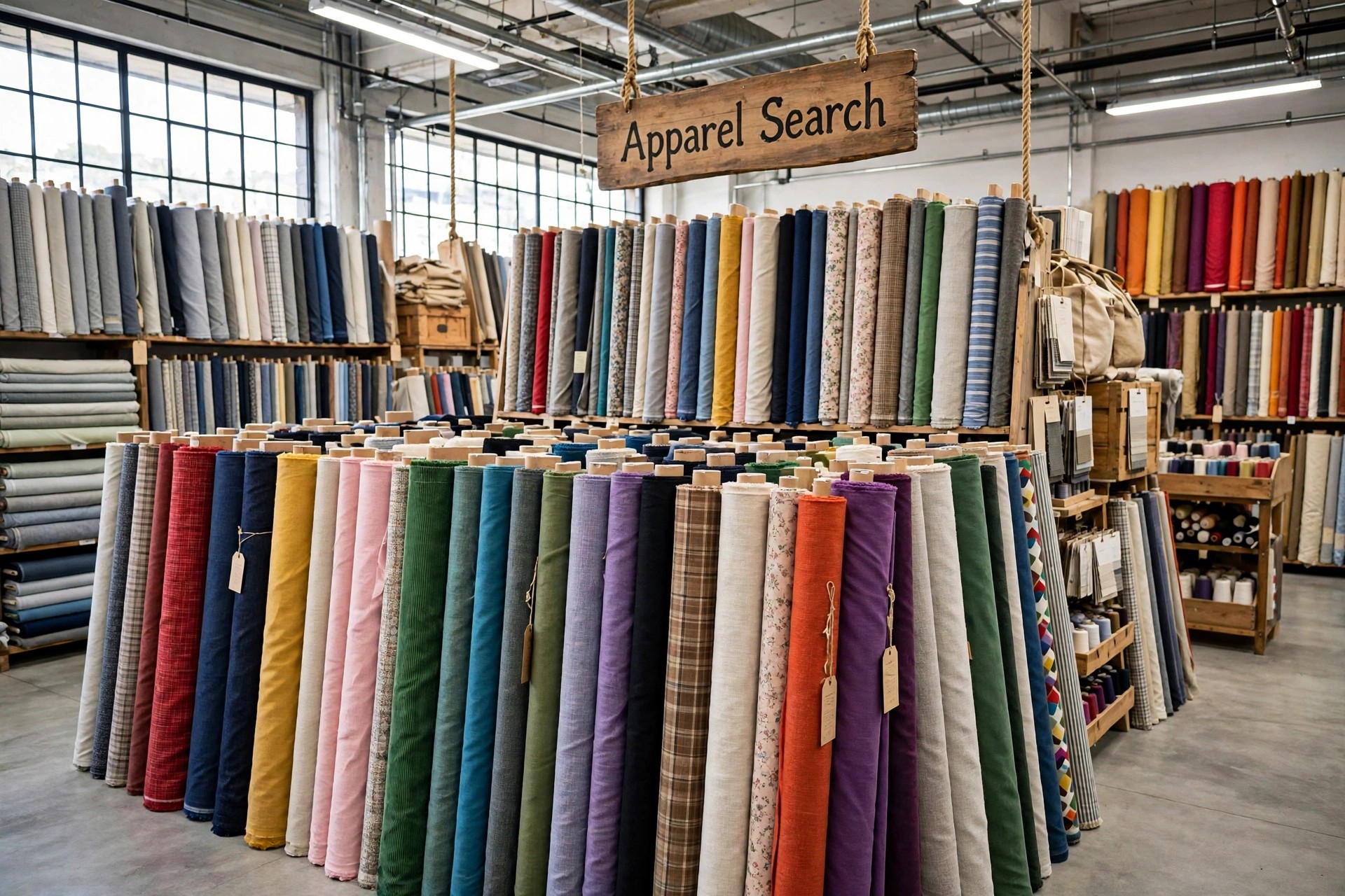 Rows of fabric bolts and textile rolls in many colours and weaves in a fabric mill showroom