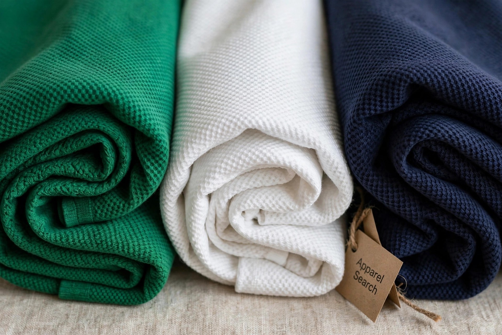 Folded stacks of pique knit fabric in emerald green, white and navy showing the honeycomb texture of Lacoste knit