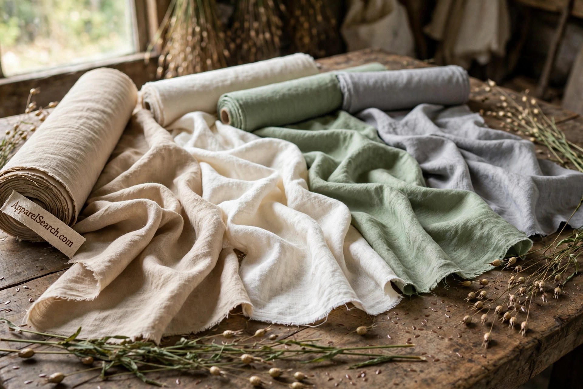Bolts of natural linen fabric in beige, ivory, sage and grey unrolled on a wooden mill table with flax stems beside them