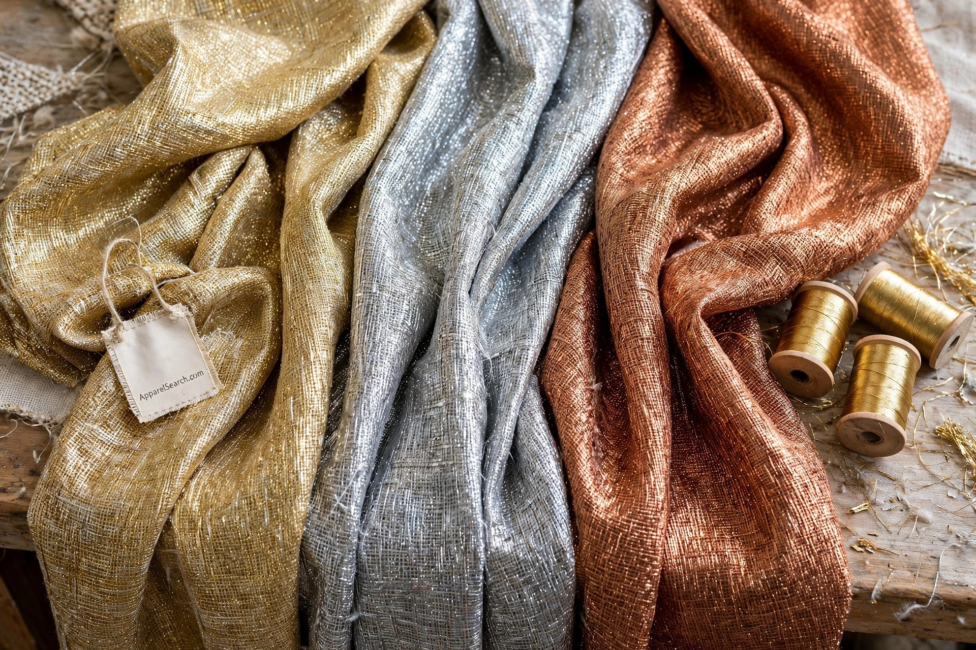 Shimmering metallic fabric lengths in gold, silver and copper woven with lurex yarns, with spools of metallic thread beside the cloth