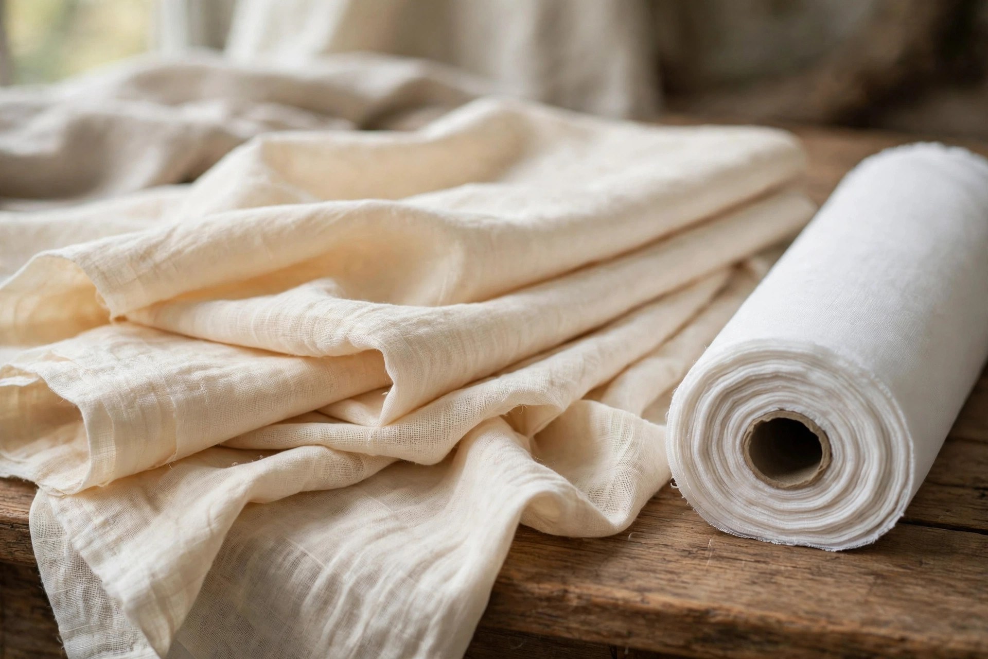 Folded lengths of soft plain-weave cotton muslin in natural unbleached cream and bleached white on a wooden table