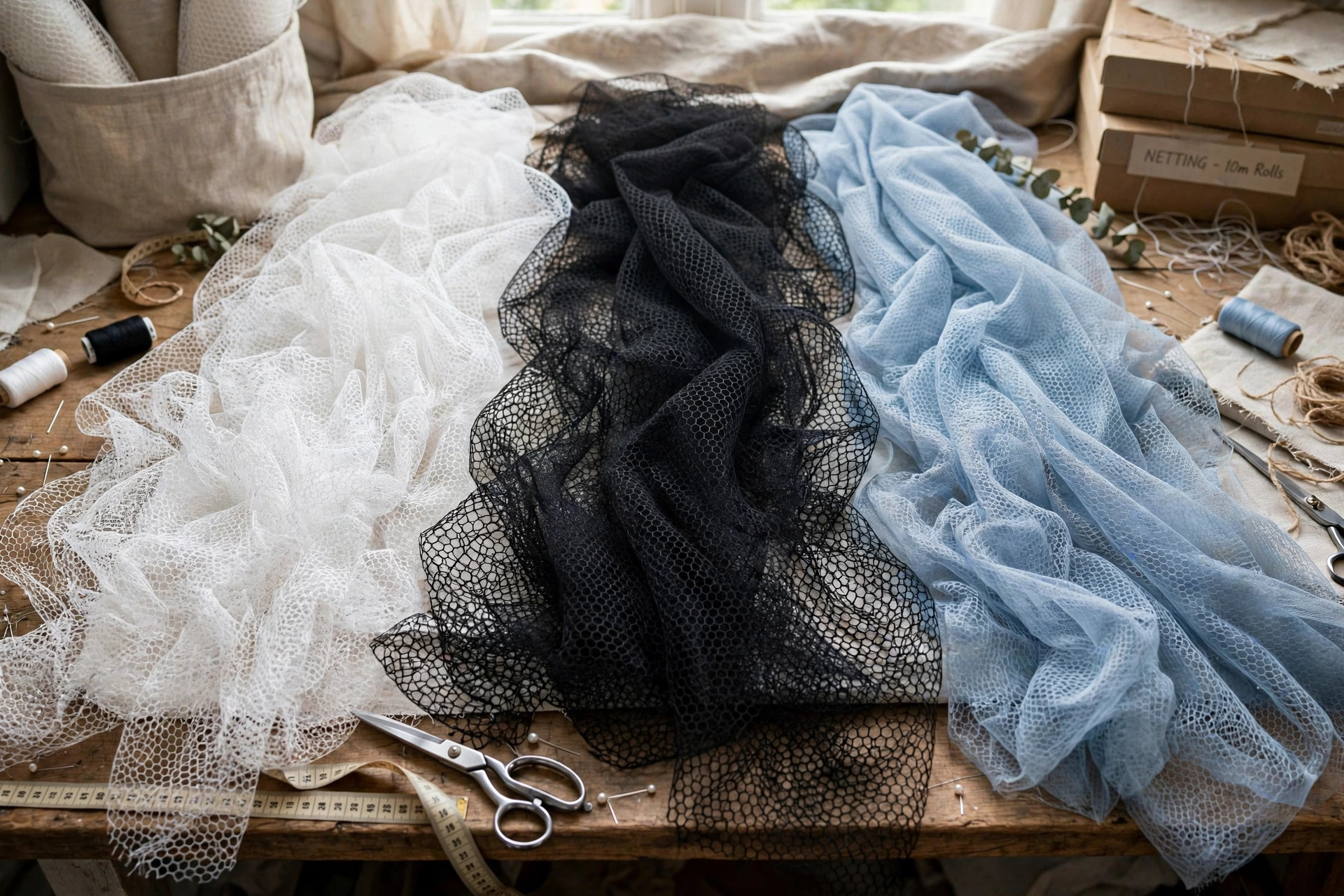 Lengths of open net and netting fabric in white, black and soft blue draped over a work table showing the hexagonal net structure