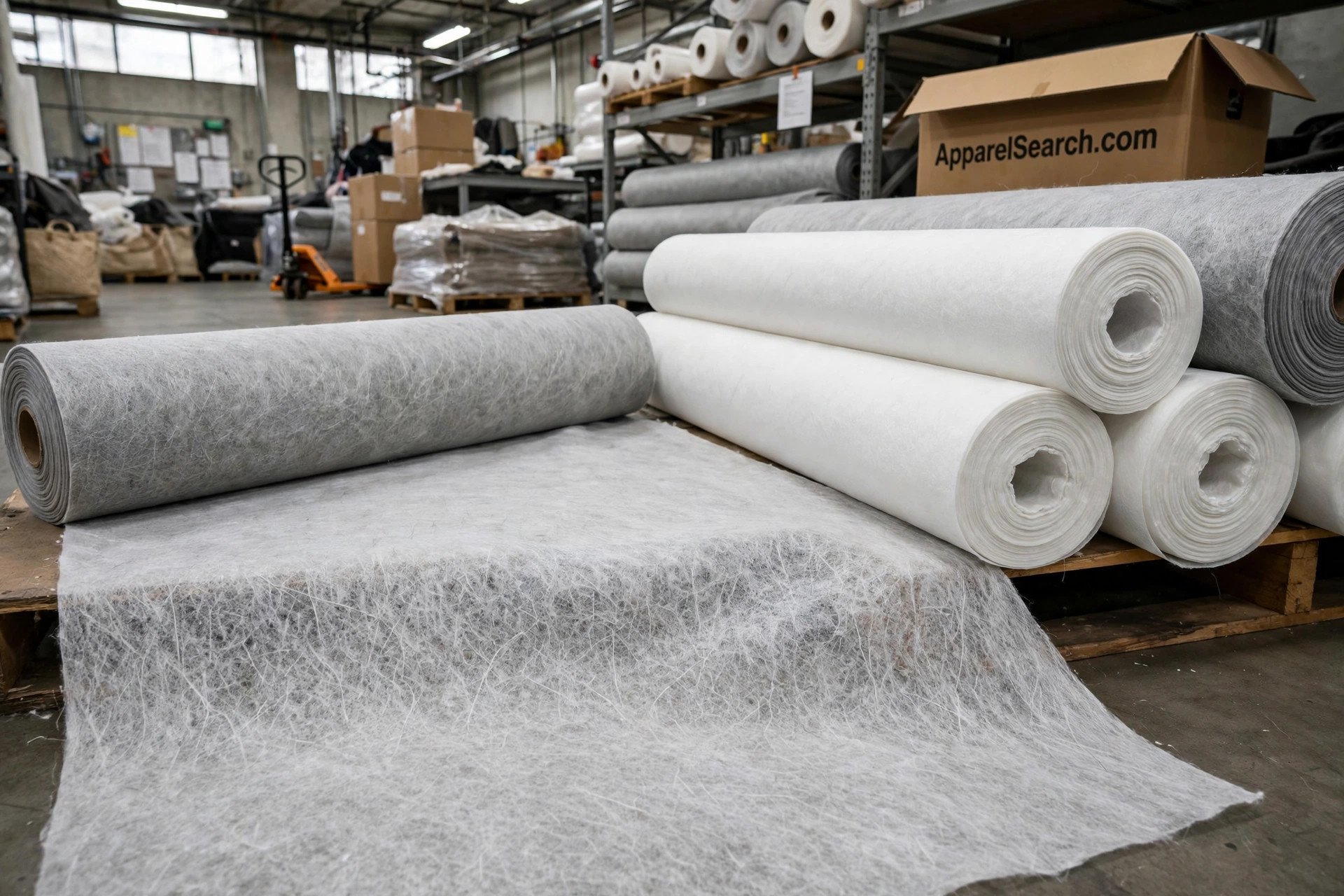 Rolls of white and grey nonwoven spunbond fabric in an industrial textile setting, with an unrolled sheet showing the random fibre web texture