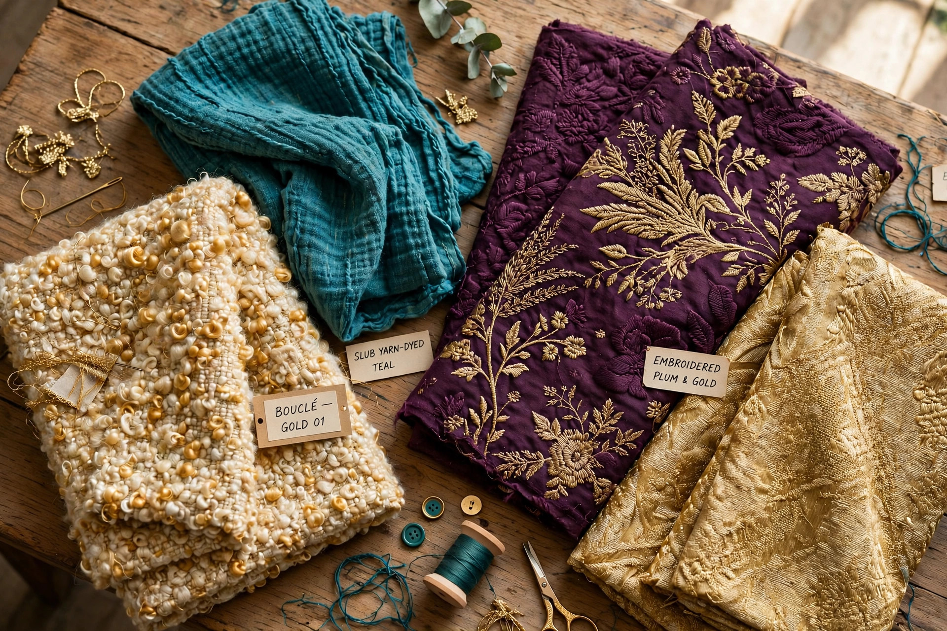 Colourful novelty fabrics on a table including boucle, slub yarn-dyed cloth and embroidered textured fashion fabrics in plum, teal and gold
