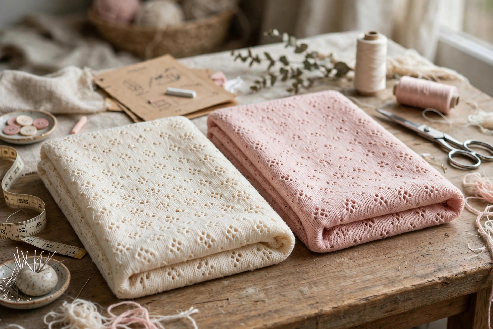 Delicate pointelle knit fabric in cream and blush pink with tiny openwork eyelet patterns folded on a textile worktable