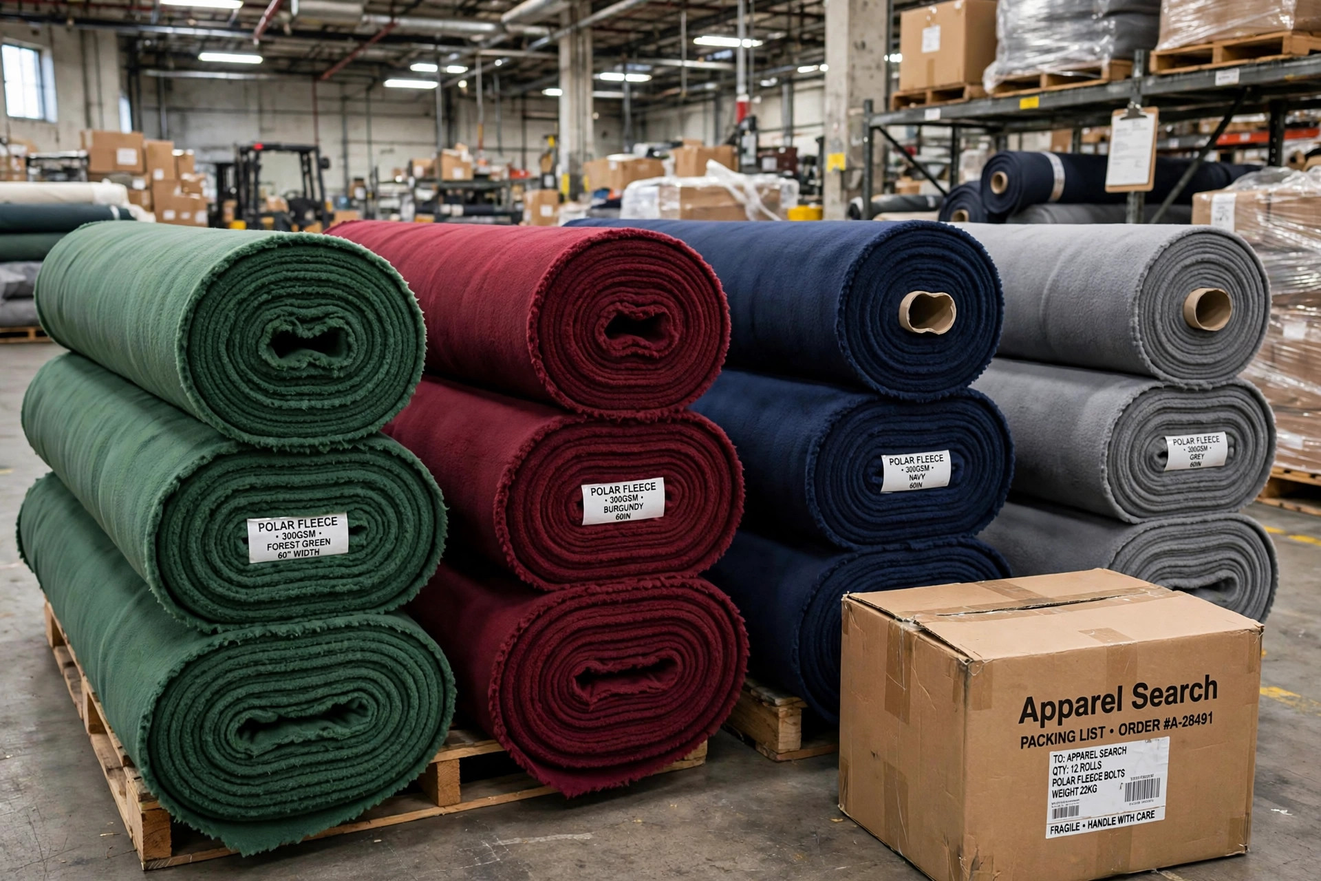 Thick polar fleece fabric bolts in forest green, burgundy, navy and grey stacked in a factory warehouse
