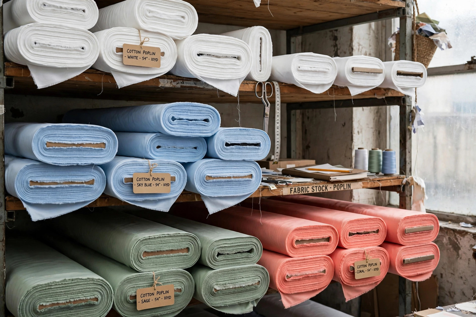 Crisp cotton poplin fabric bolts in white, sky blue, sage and coral with fine horizontal ribs on mill shelving