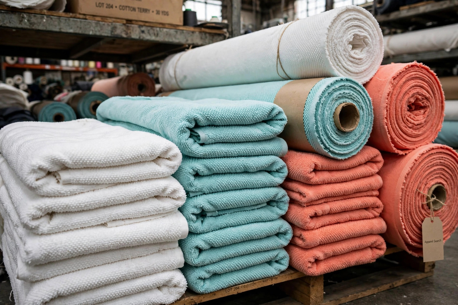 Thick looped cotton terry cloth towels and fabric rolls in white, aqua and coral stacked in a textile mill