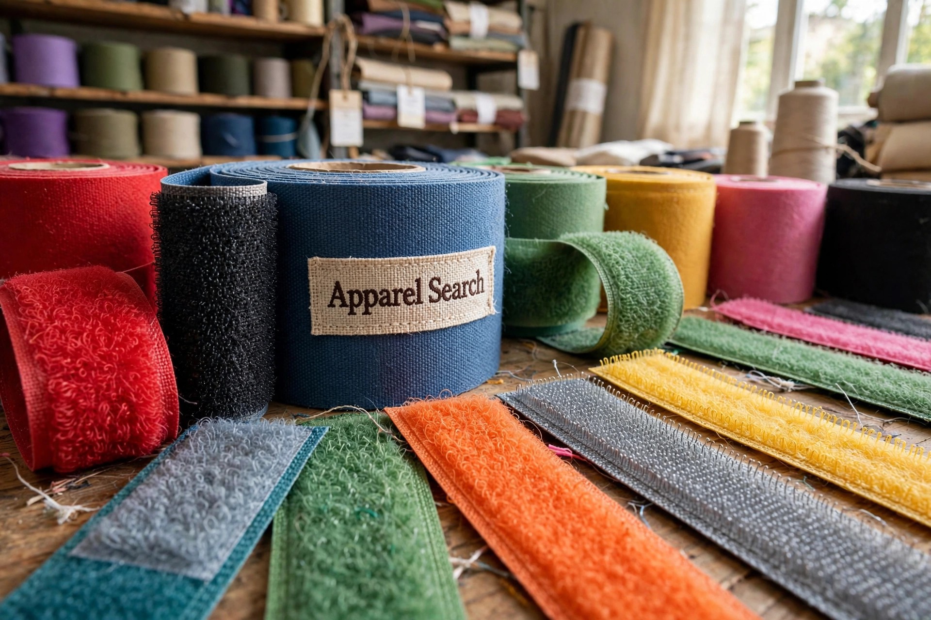 Rolls and strips of colorful hook-and-loop fastener tape showing the tiny hooks and soft loops texture in a textile mill showroom
