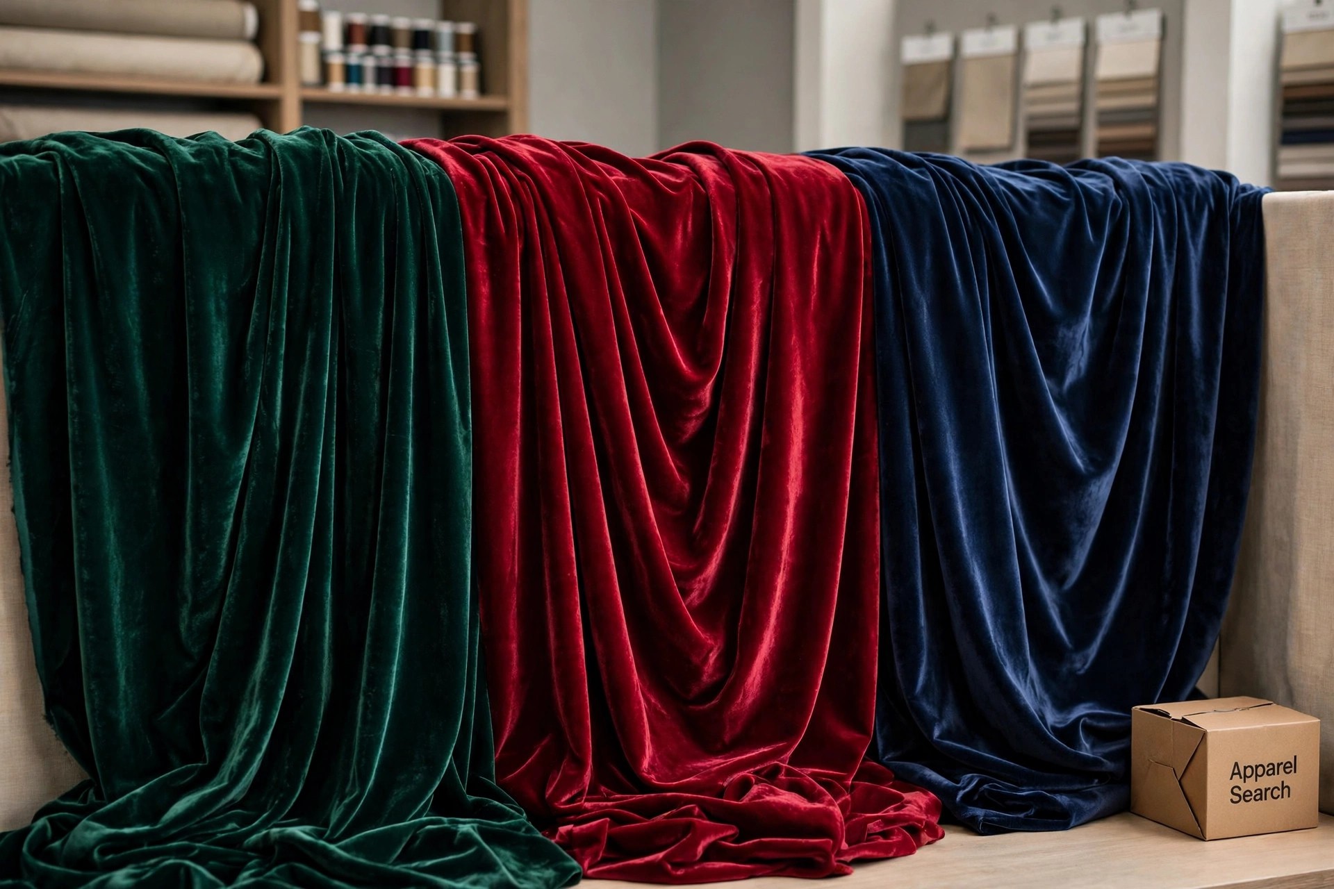 Luxurious velvet fabric draped in emerald, ruby and navy lengths in a textile showroom showing the dense pile and sheen