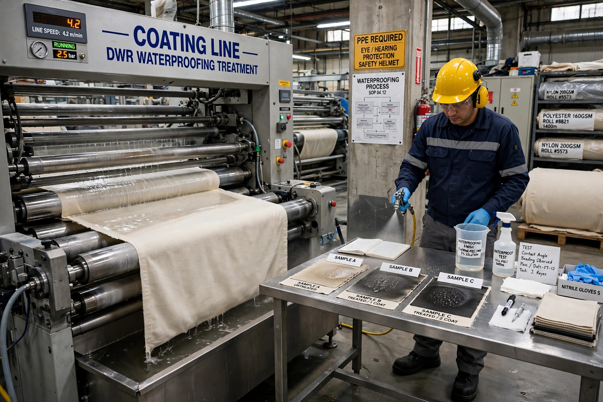 Fabric passing under coating rollers in a textile finishing plant with waterproofing treatment samples nearby