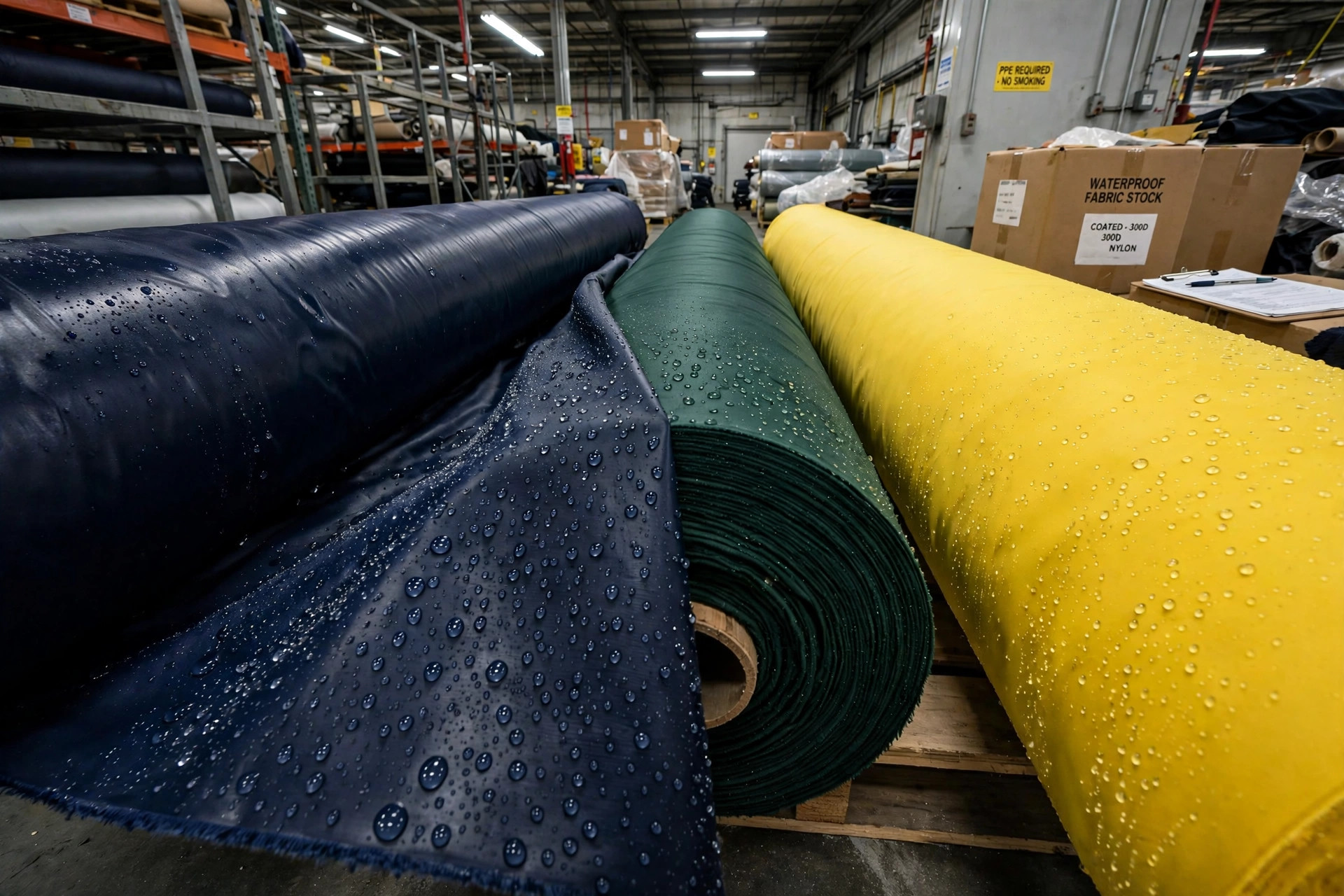 Waterproof fabric rolls in navy, forest green and yellow with water droplets beading on the coated surface in a textile warehouse