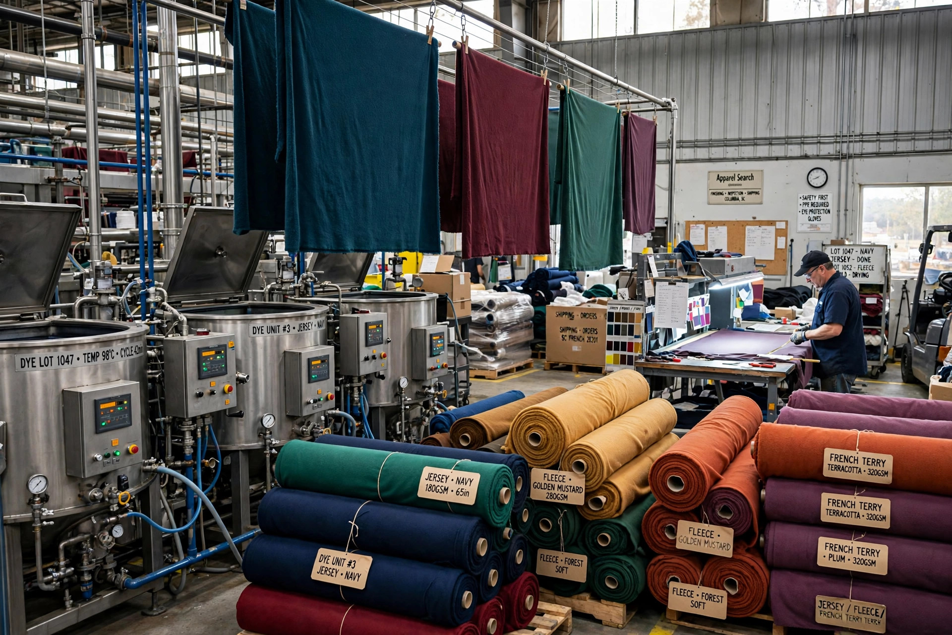 Illustration for the Carolina Cotton Works fabric mill profile — Knit fabric packages and contract dyeing and finishing