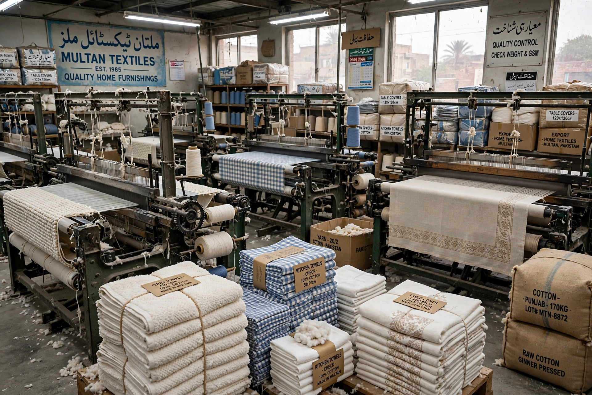 Illustration for the Multan Industries fabric mill profile — Home textiles and made-ups — terry towels, kitchen and tea towels,