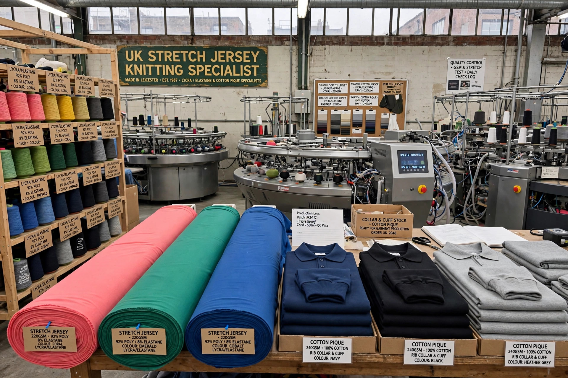 Illustration for the Rainbow Jersey fabric mill profile — Stretch jersey fabrics knitted with Lycra/elastane and branded