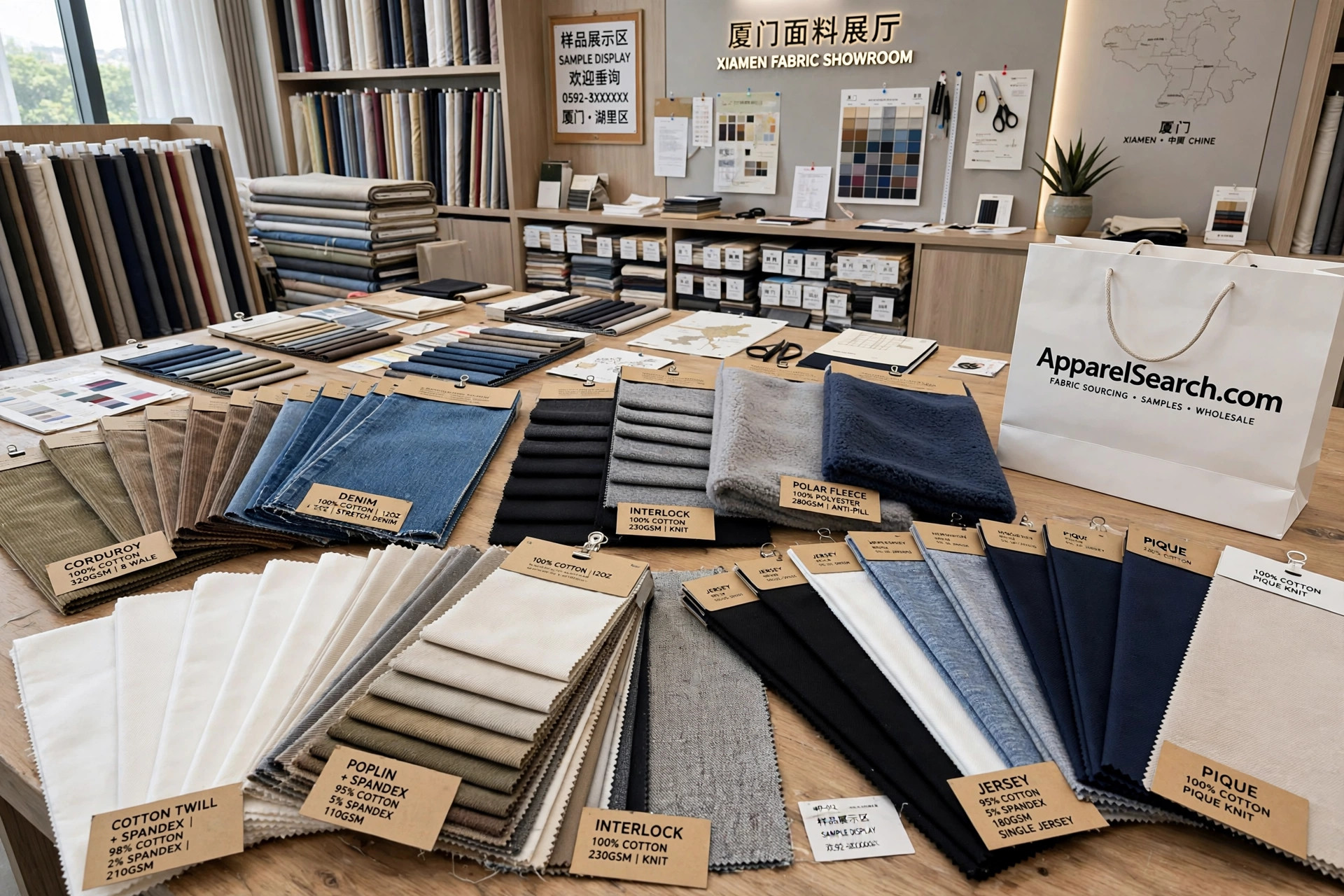 Illustration for the Xiamen C and D Inc. fabric mill profile — Knitted and woven fabrics — cotton twill, poplin, corduroy, denim,