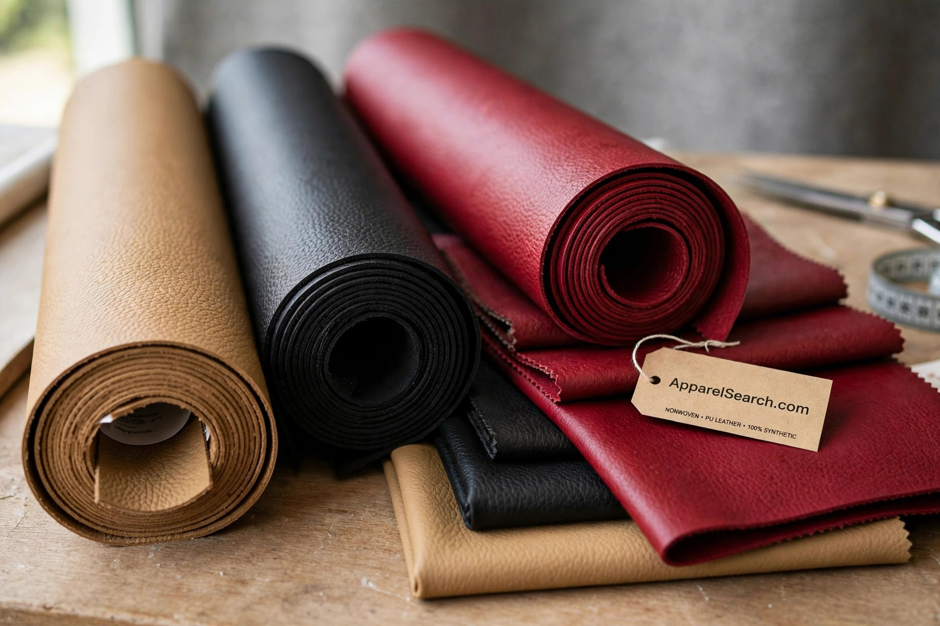Bolts and swatches of artificial leather nonwoven material in tan, black and deep red on a showroom table