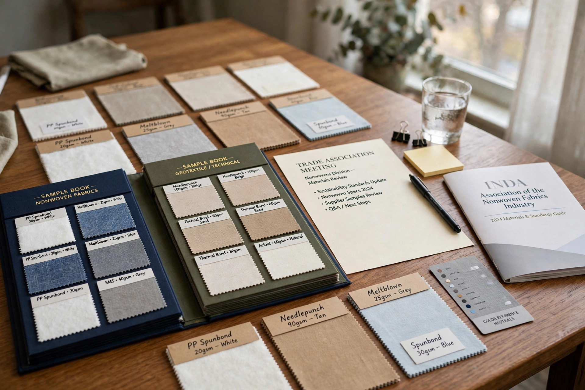 A conference table with fabric sample books and nonwoven textile swatches laid out for a trade association meeting