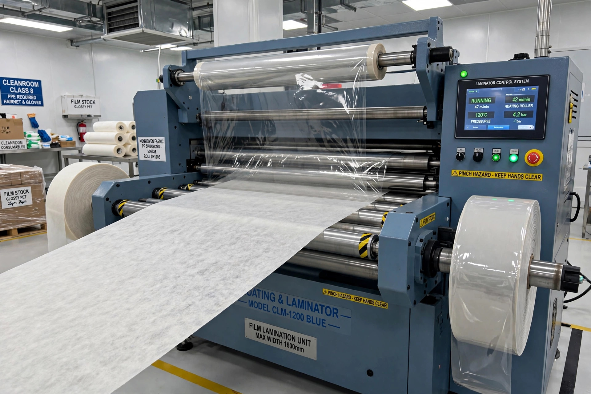 An industrial coating and laminating machine applying film to a wide roll of nonwoven fabric