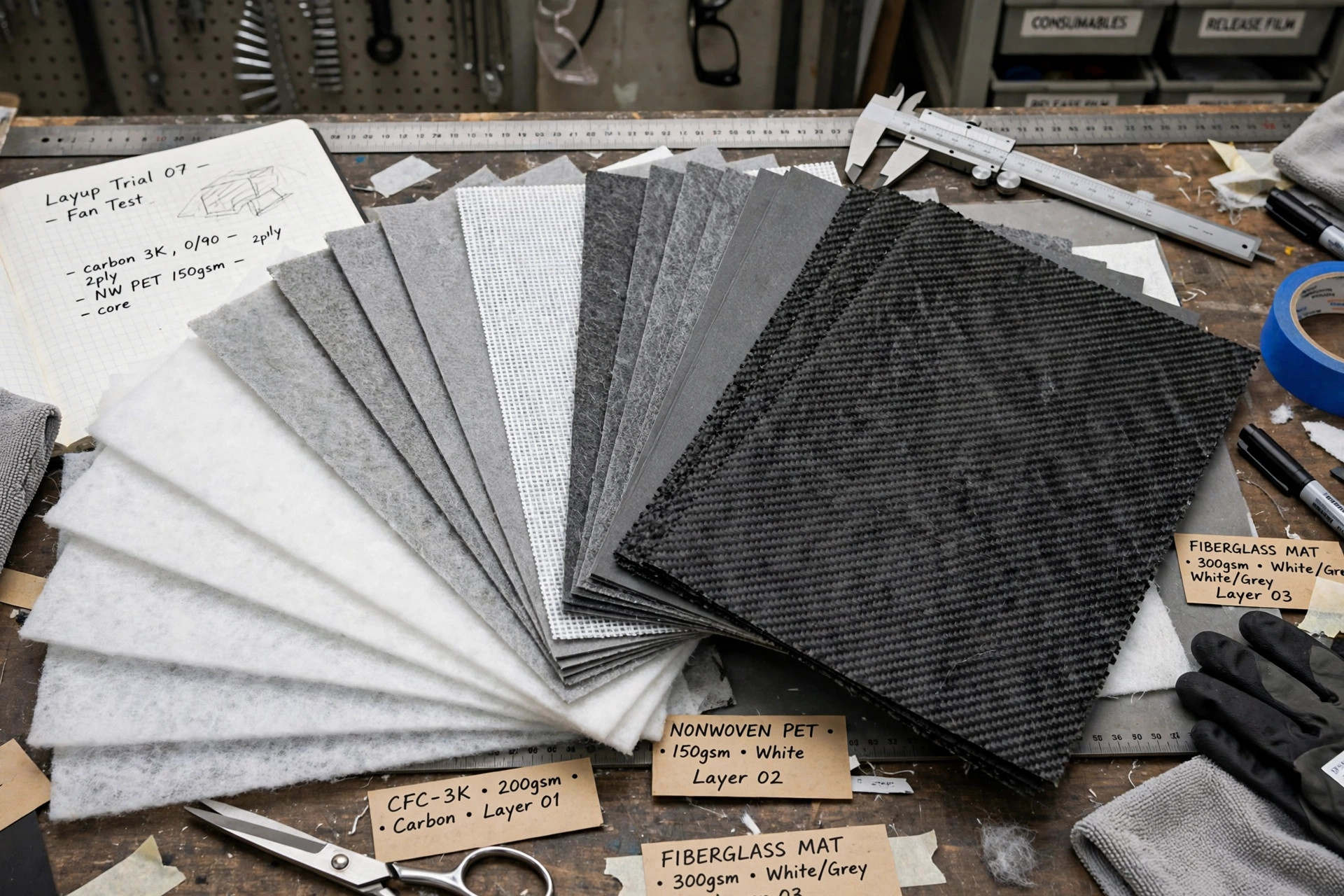 Layered composite fabric panels and nonwoven reinforcement mats fanned out on an engineering workbench