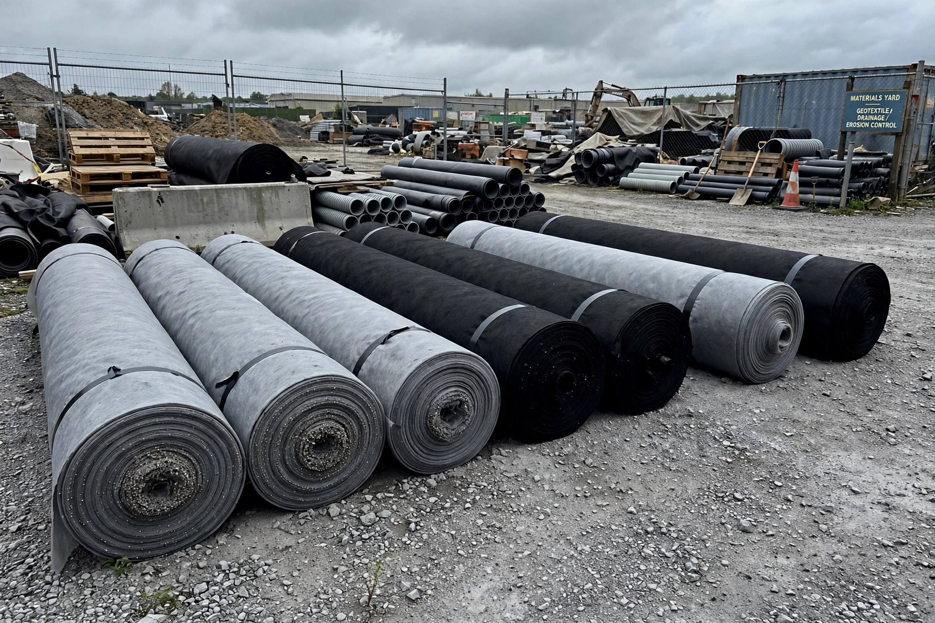 Large rolls of grey and black geotextile nonwoven fabric at an outdoor civil engineering materials yard