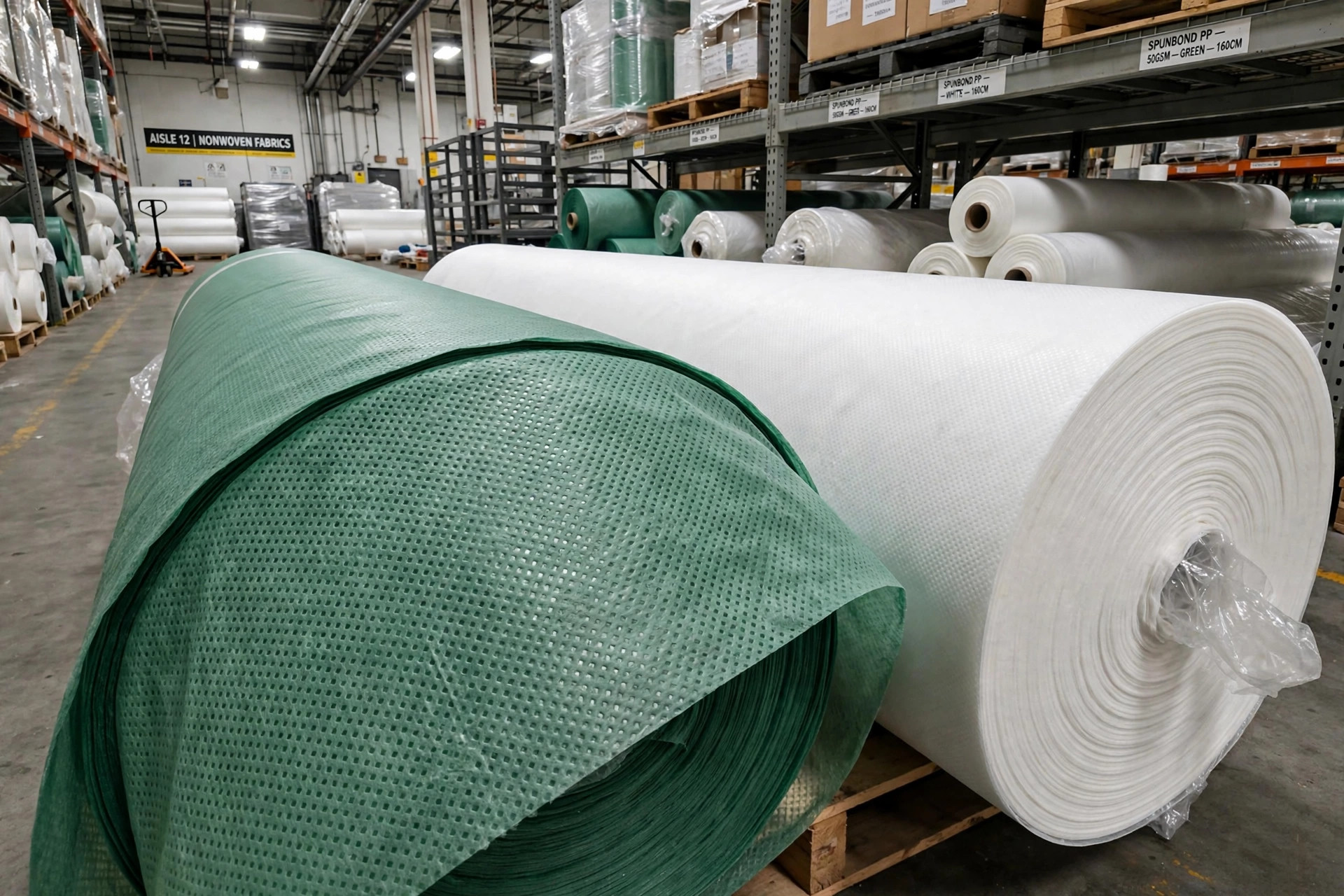 Wide rolls of white and green spunbond polypropylene nonwoven fabric in a warehouse aisle