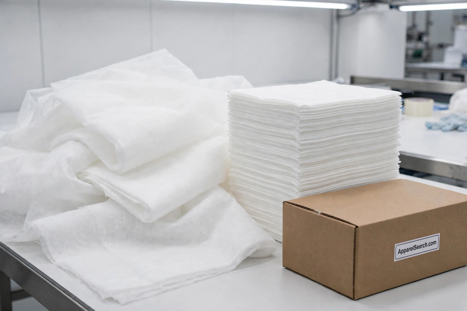 Soft white spunlace nonwoven fabric and neatly stacked disposable wipes on a clean production table