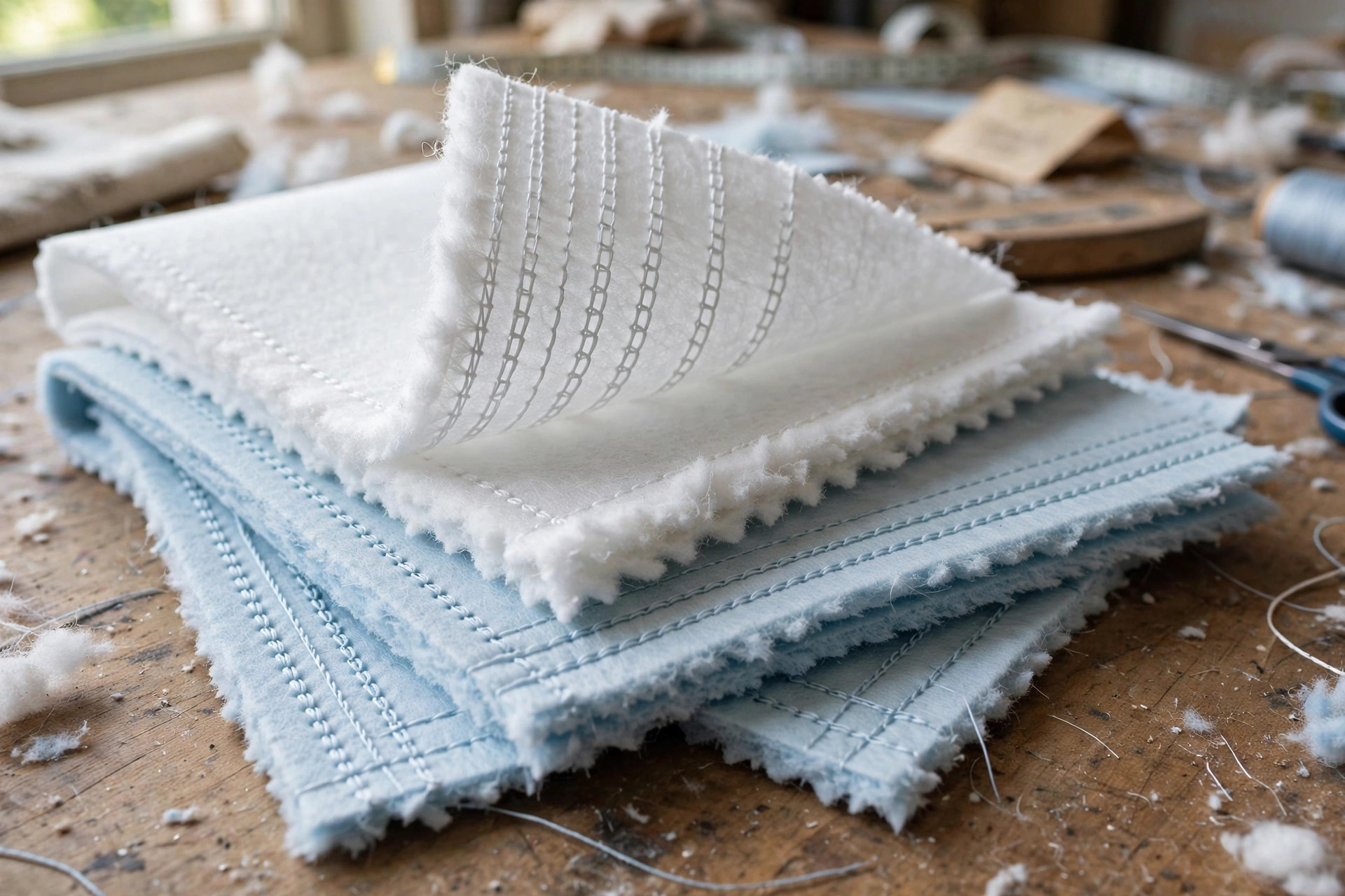 Stitchbonded nonwoven fabric with visible rows of chain stitching running through a fibrous batt, shown as layered swatches