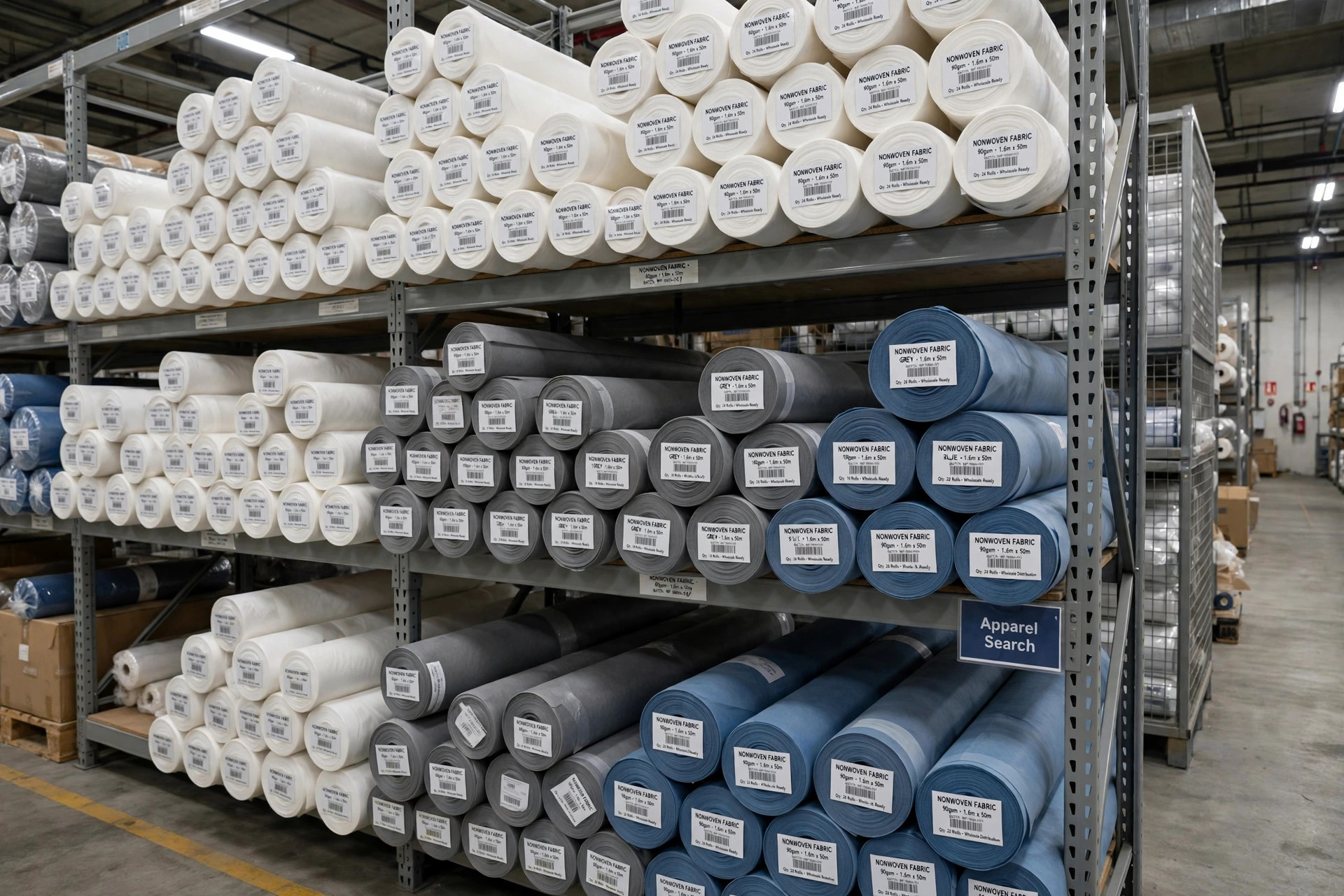 Warehouse shelves stocked with labelled rolls of assorted nonwoven fabrics ready for wholesale distribution