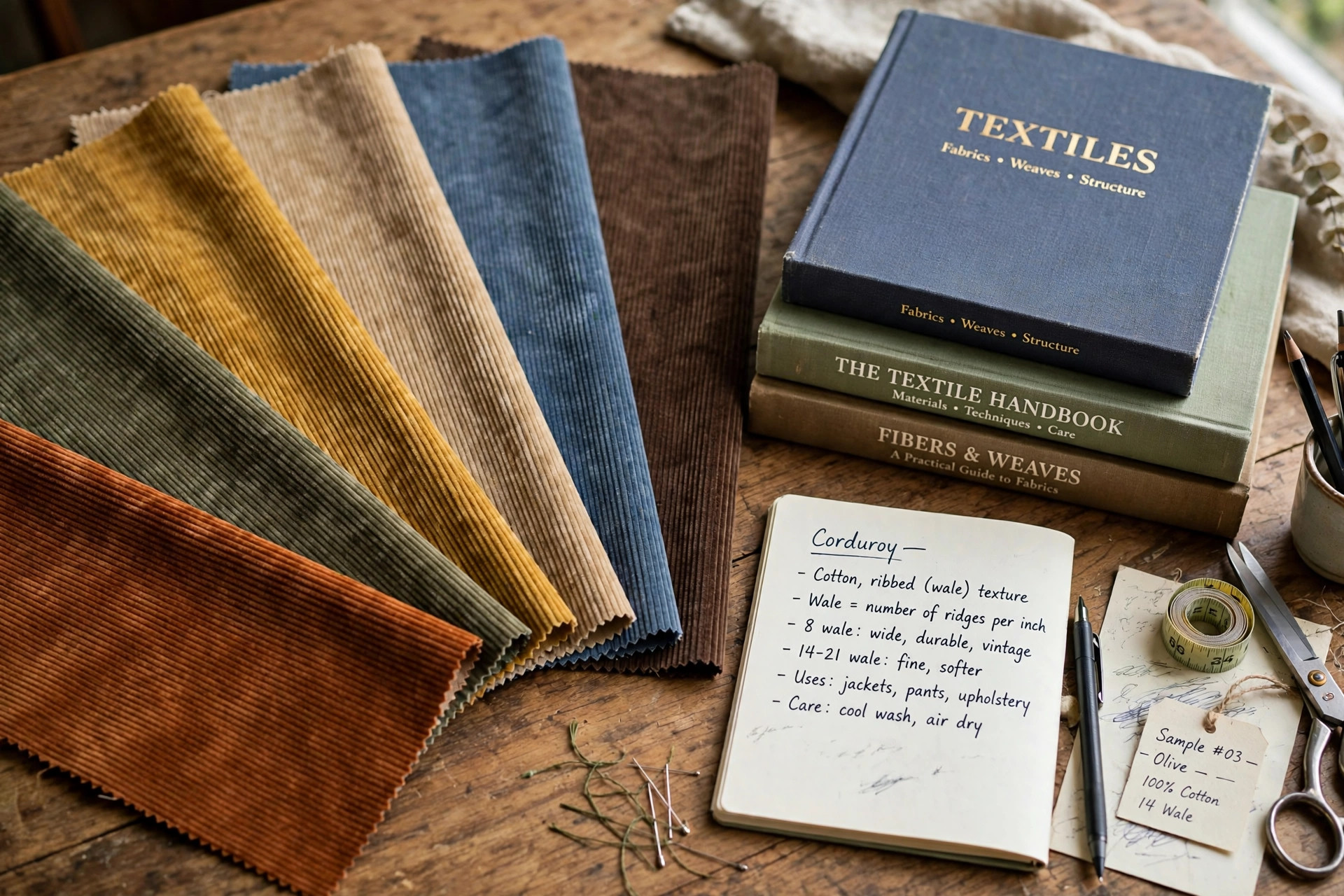 Corduroy swatches fanned out beside textile books and reading notes