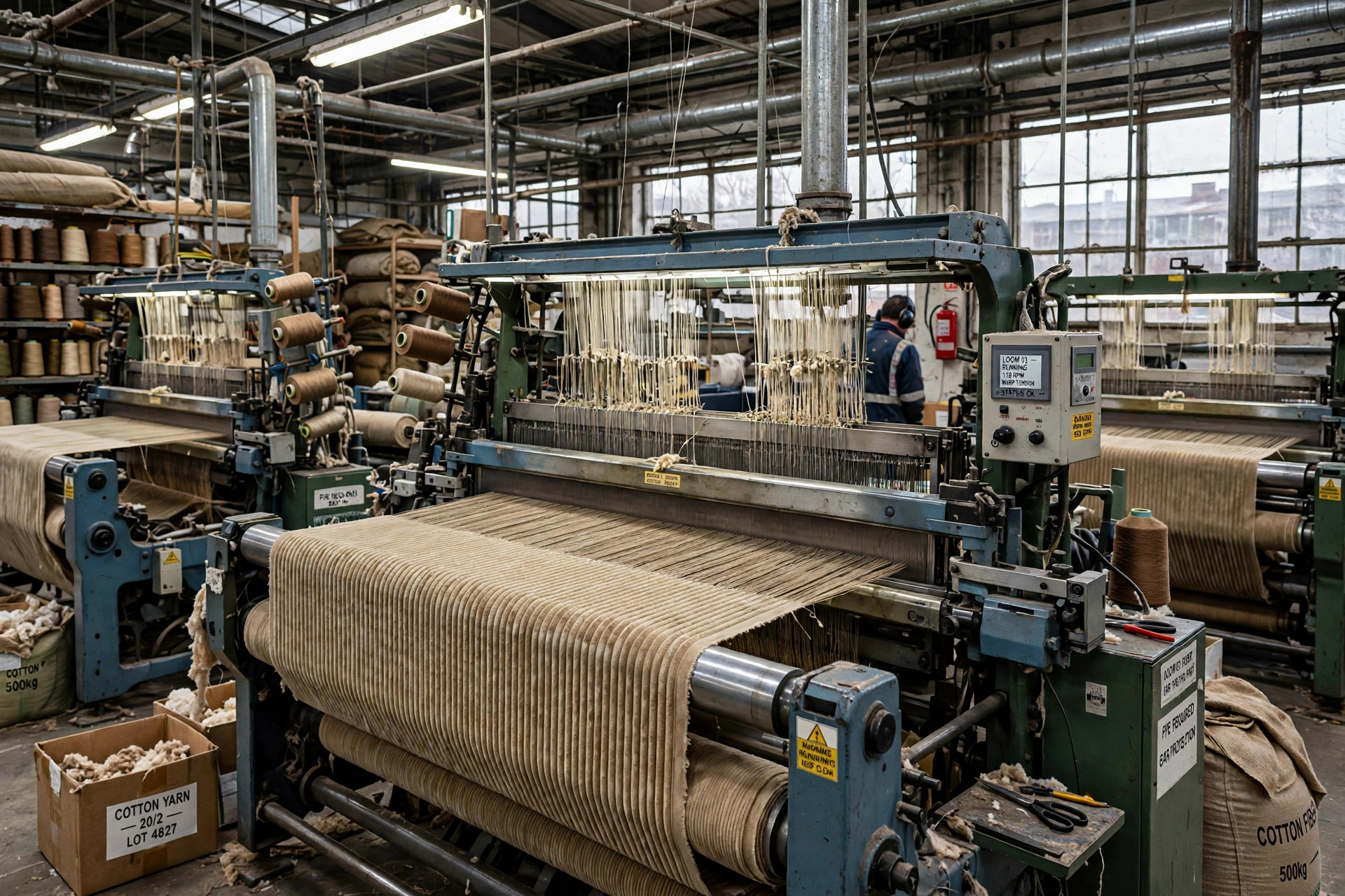 Industrial looms weaving corduroy fabric in a textile mill
