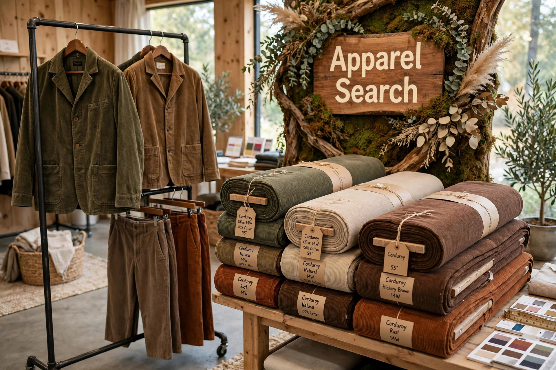 A rail of corduroy jackets and trousers beside bolts of corduroy fabric