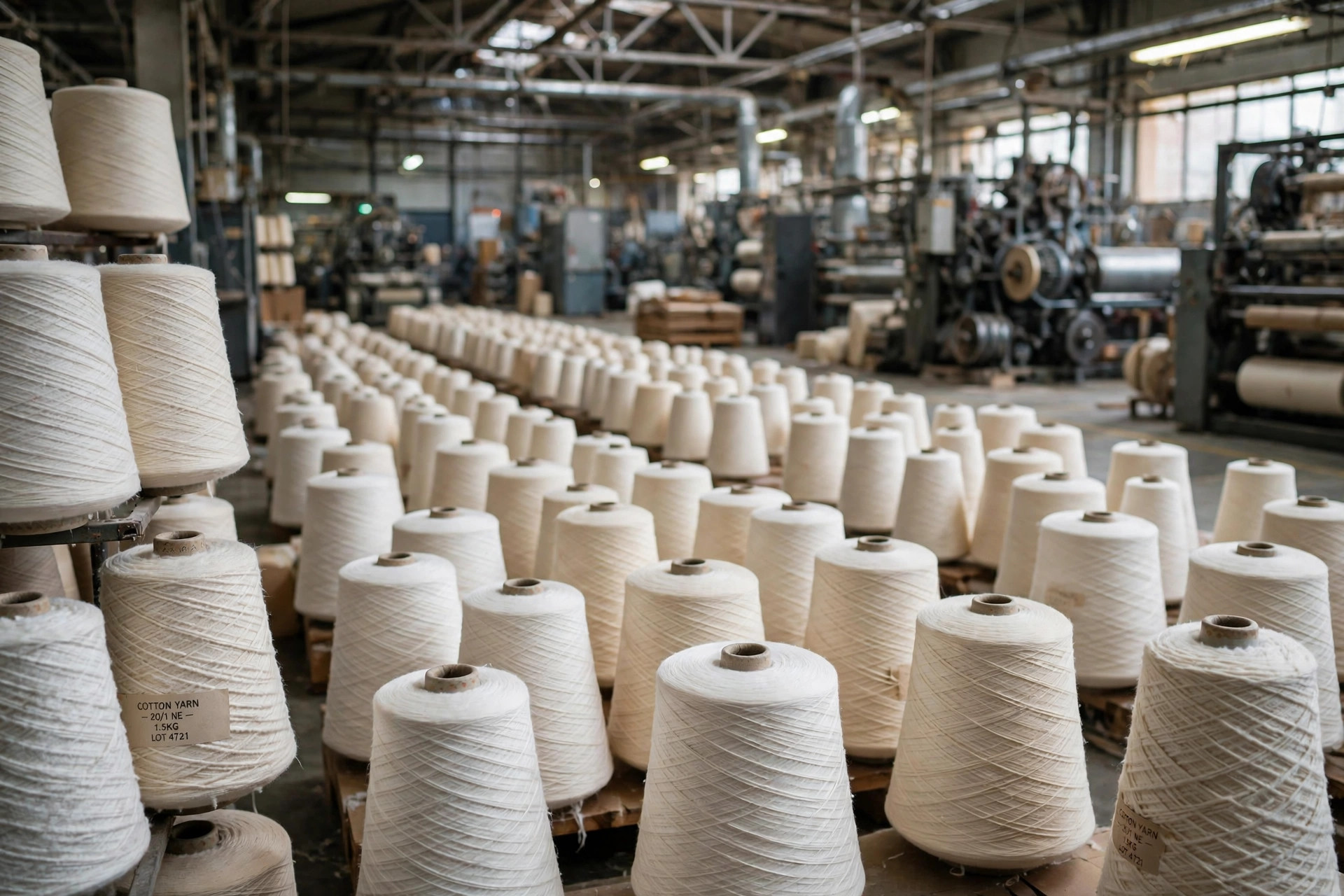 Cones of cotton yarn in a spinning mill ready for weaving and knitting
