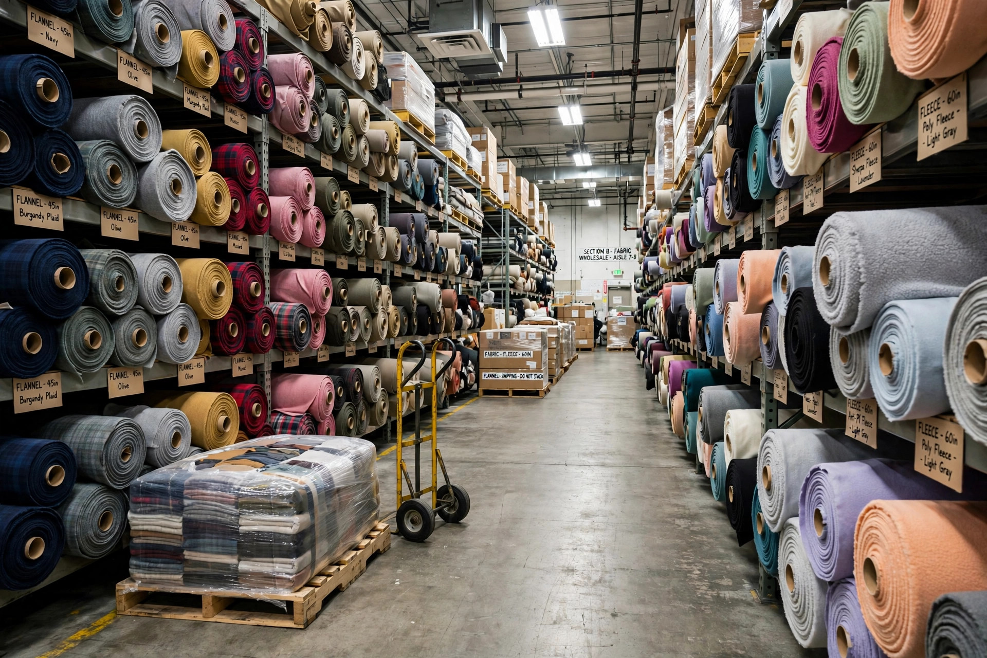 Warehouse racks holding large rolls of flannel and fleece fabric in many colors