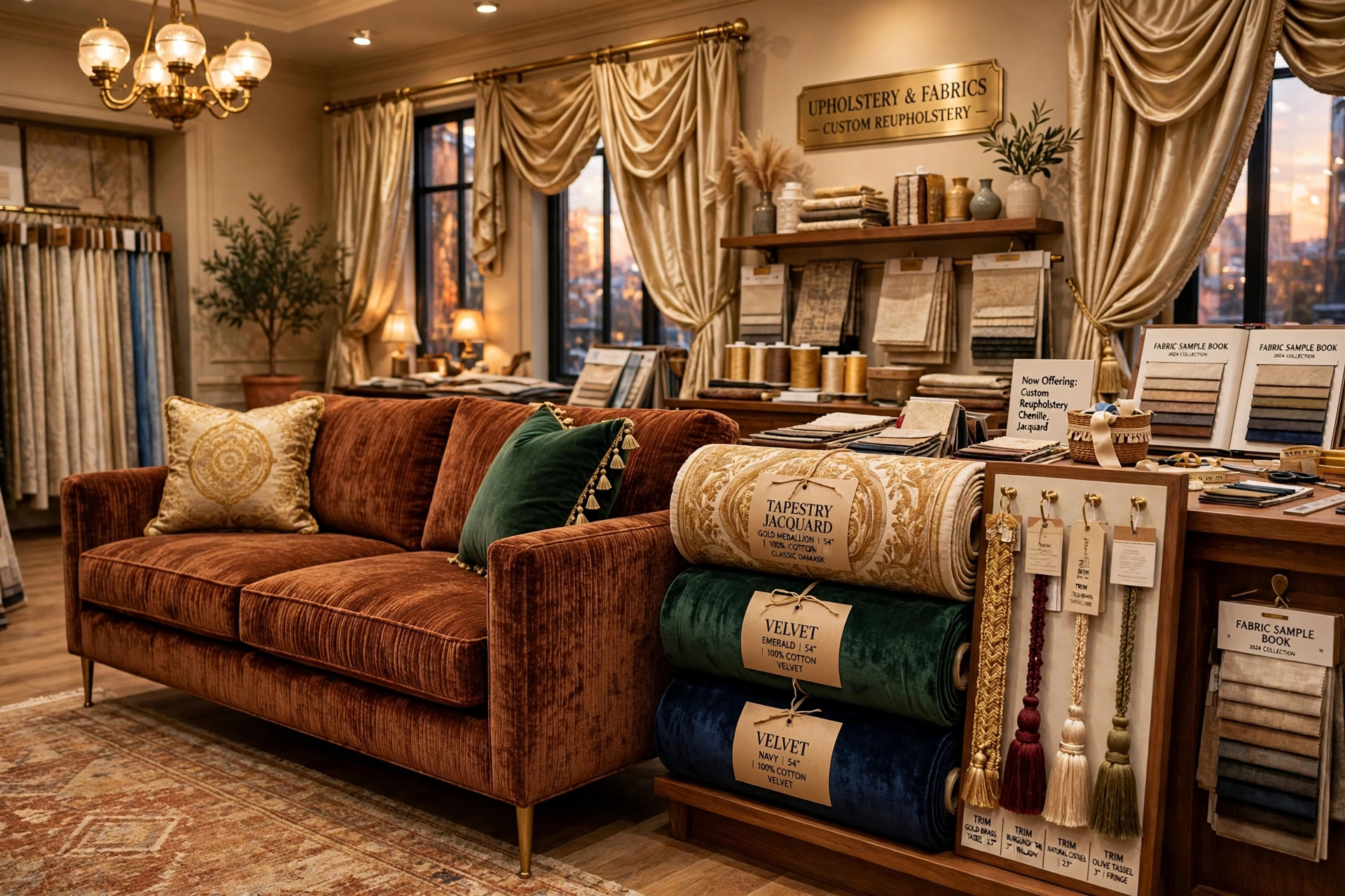 Upholstery fabric showroom with a chenille sofa, tapestry and velvet fabric rolls, silk drapery and decorative trim