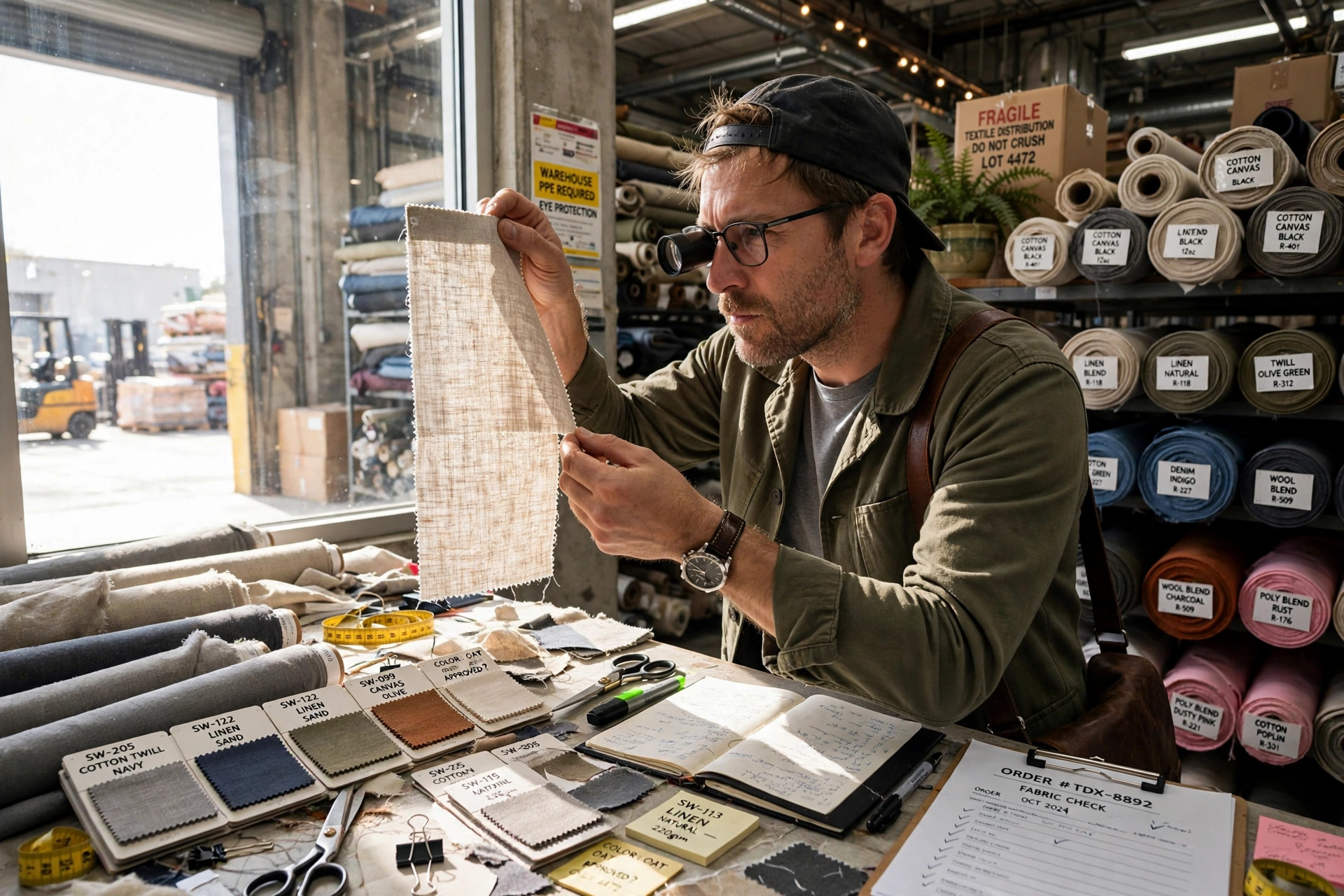 Buyer inspecting a fabric swatch with a magnifying loupe at a distributor's sample table with apparel fabric rolls behind