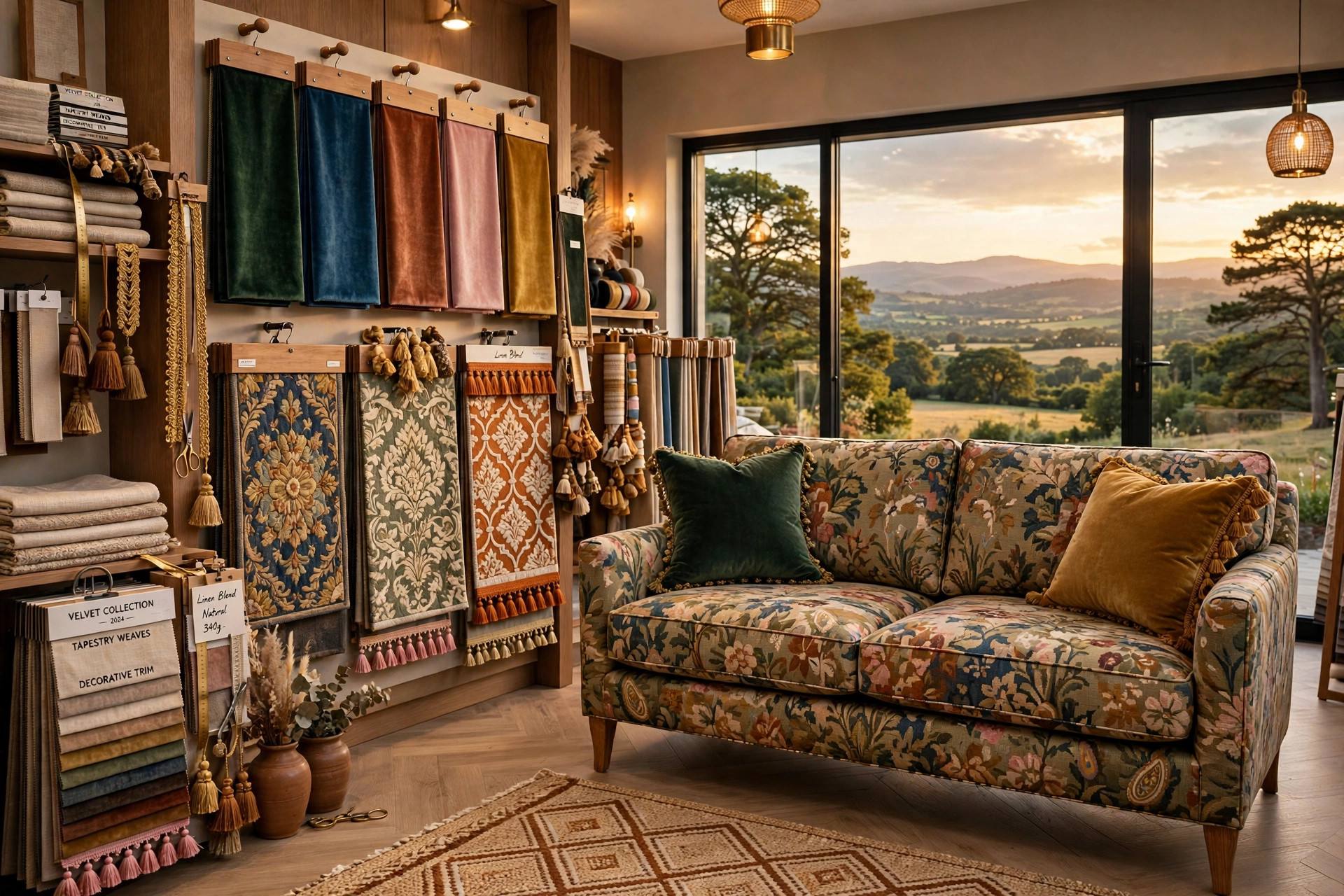 Upholstery and drapery fabrics with trim arranged in an interior fabric showroom